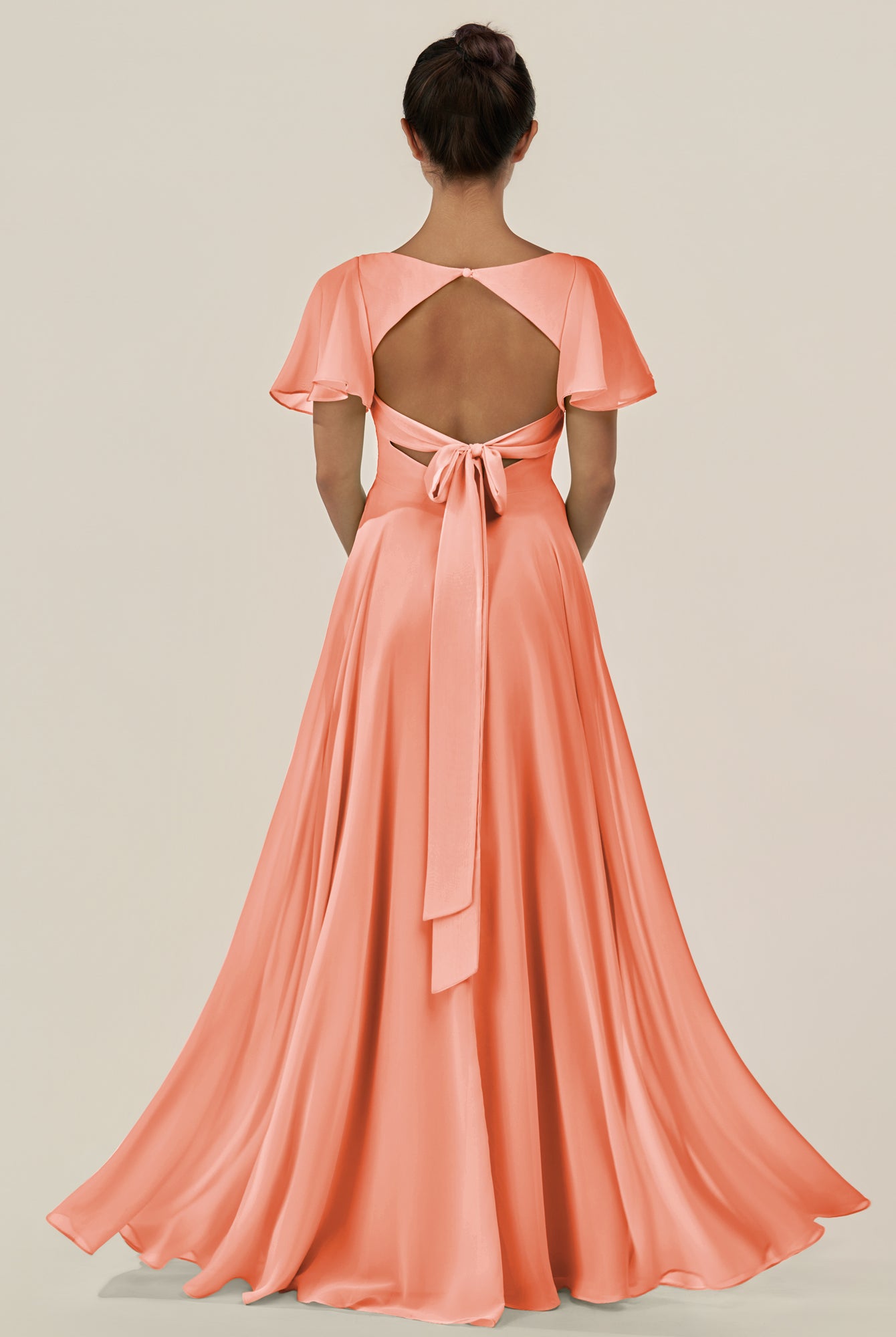 KissDress-Jania Rosette A Line Chiffon V Neck Long Bridesmaid Dress with Flutter Sleeves
