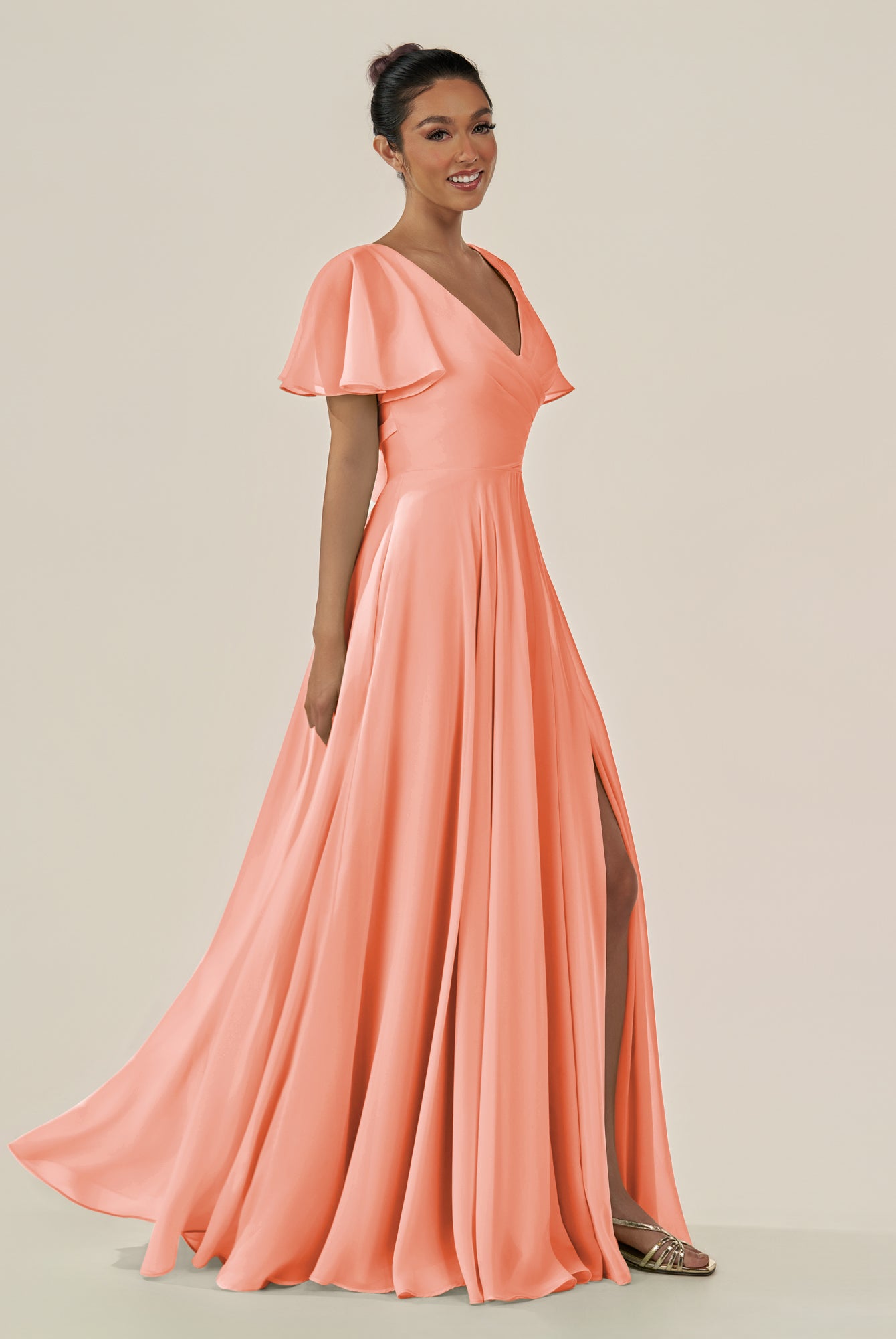 KissDress-Jania Rosette A Line Chiffon V Neck Long Bridesmaid Dress with Flutter Sleeves