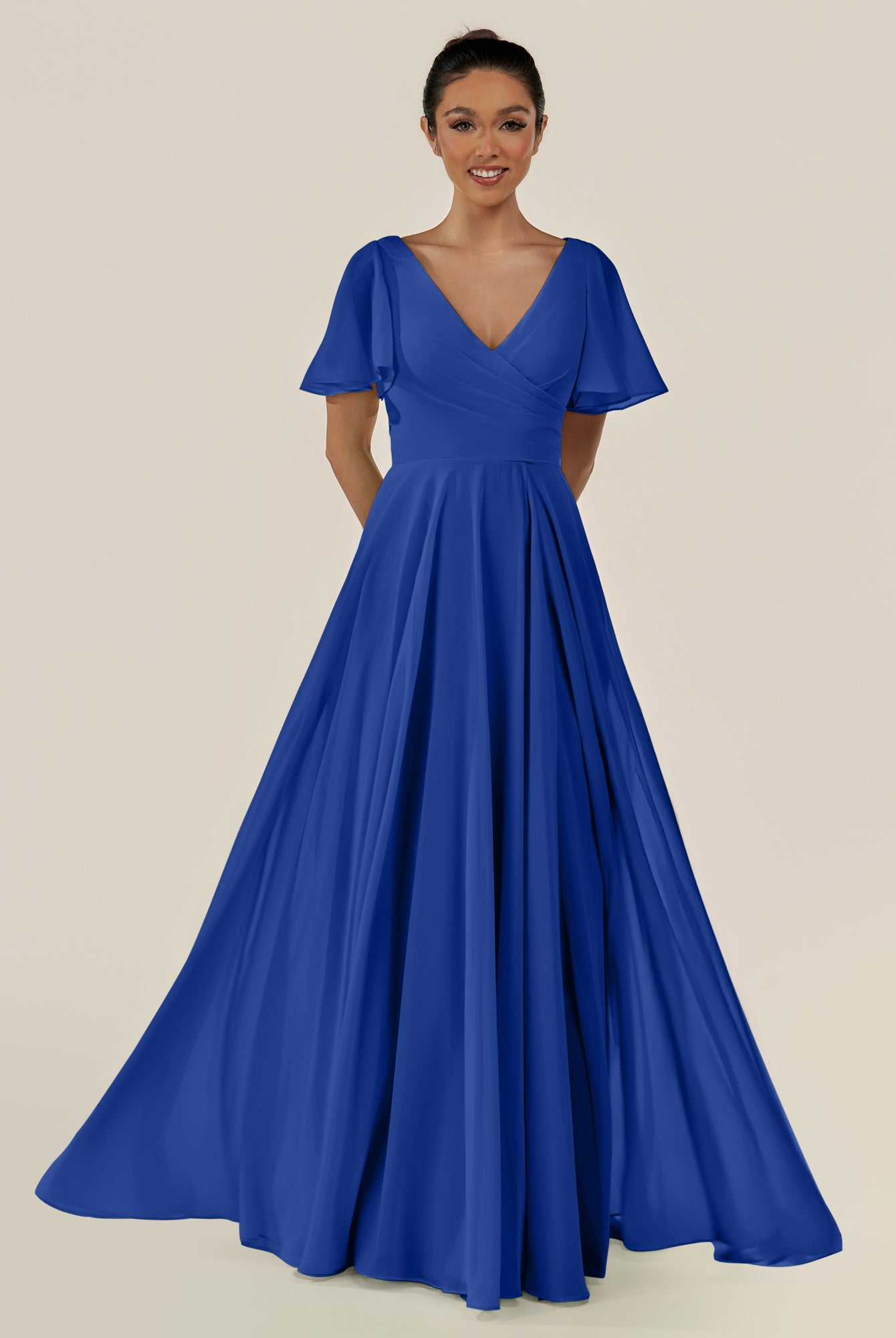 KissDress-Jania Royal Blue A Line Chiffon V Neck Long Bridesmaid Dress with Flutter Sleeves