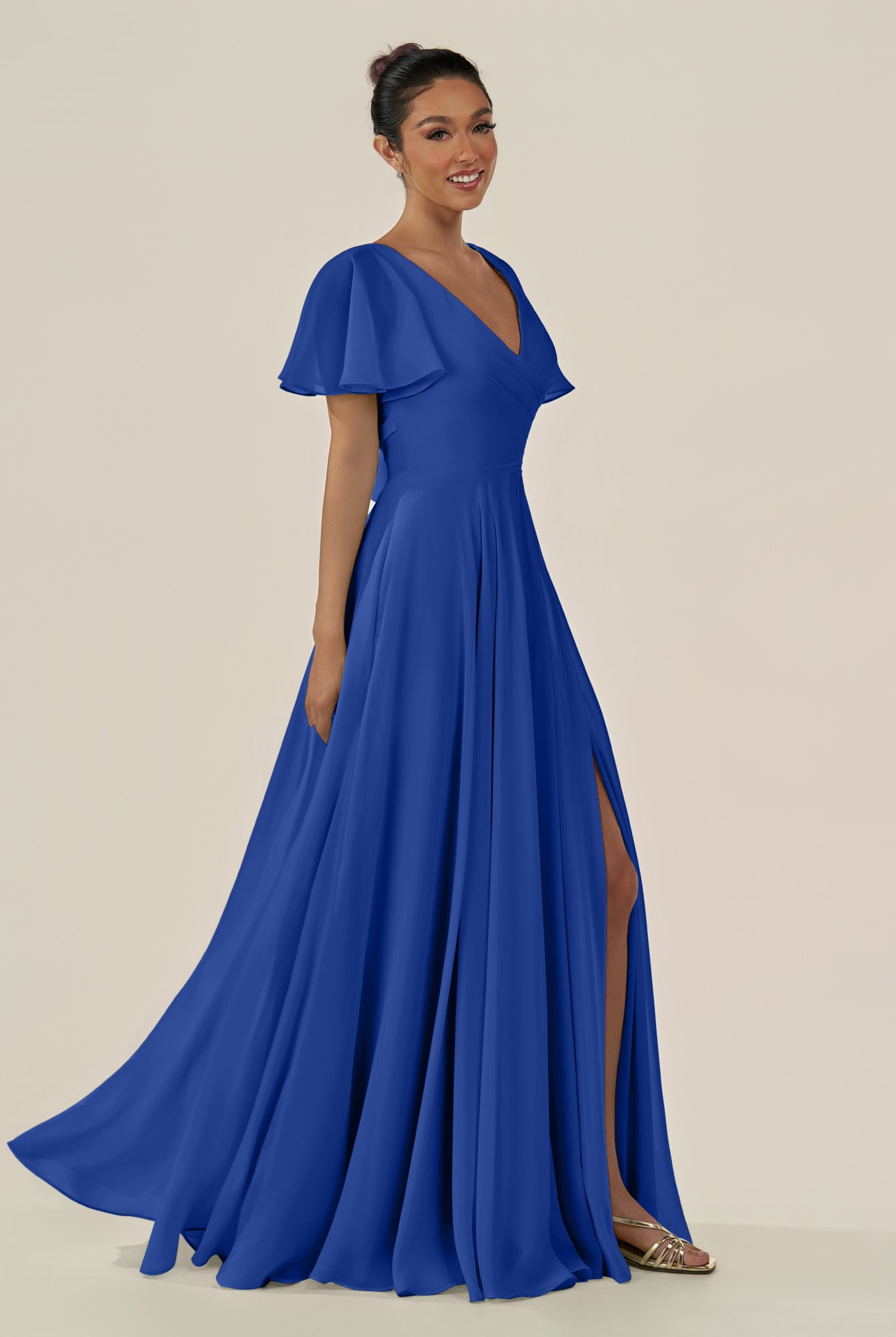 KissDress-Jania Royal Blue A Line Chiffon V Neck Long Bridesmaid Dress with Flutter Sleeves