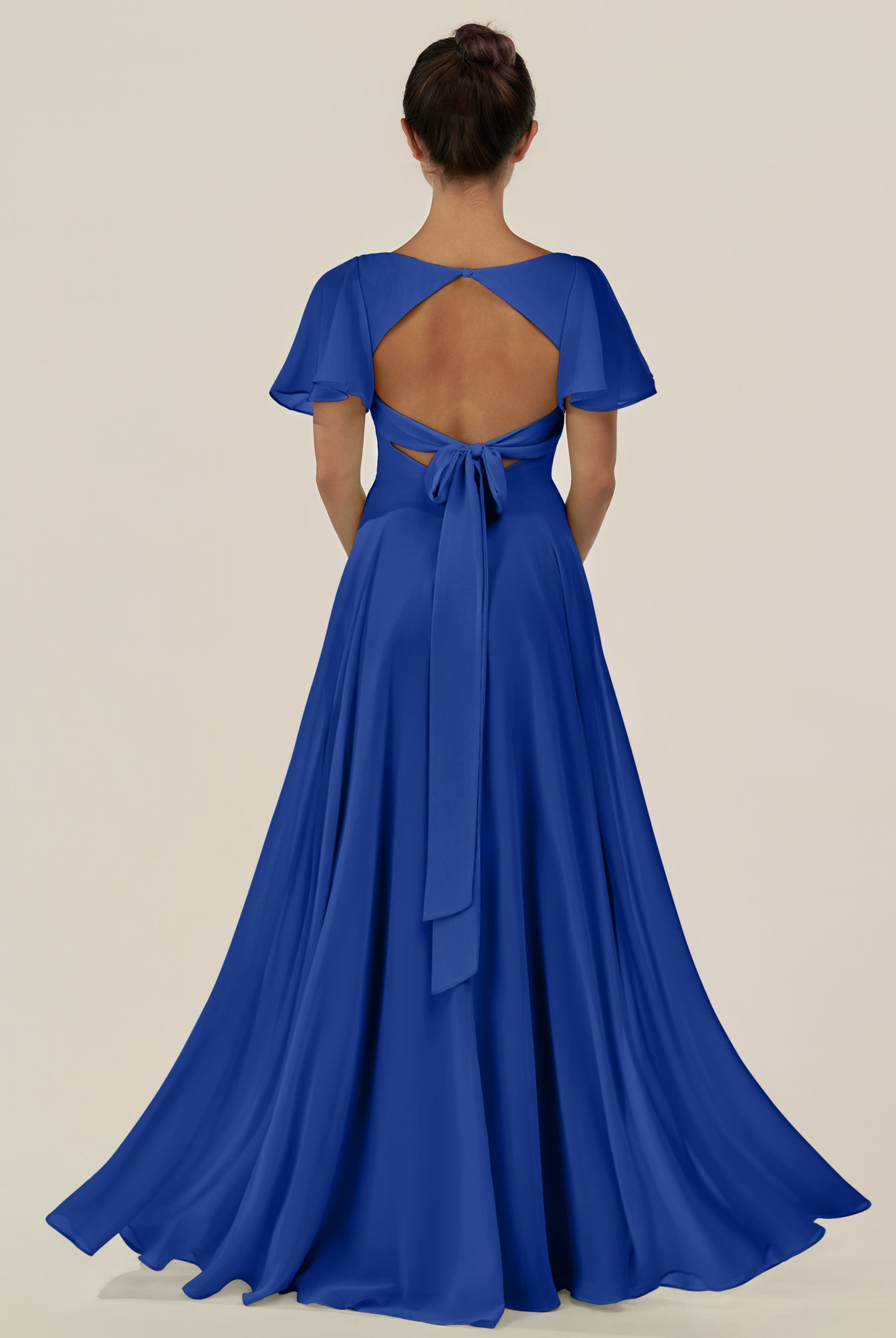 KissDress-Jania Royal Blue A Line Chiffon V Neck Long Bridesmaid Dress with Flutter Sleeves