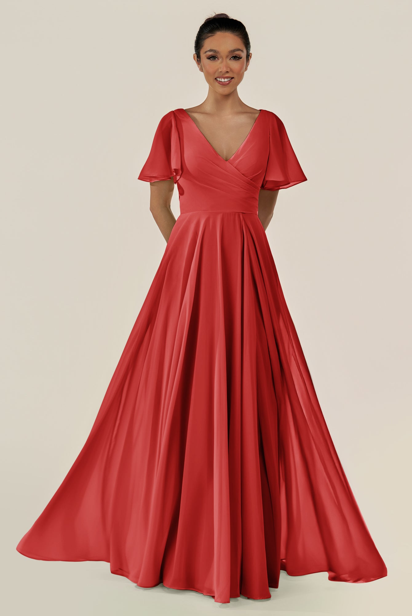 KissDress-Jania Ruby Red A Line Chiffon V Neck Long Bridesmaid Dress with Flutter Sleeves