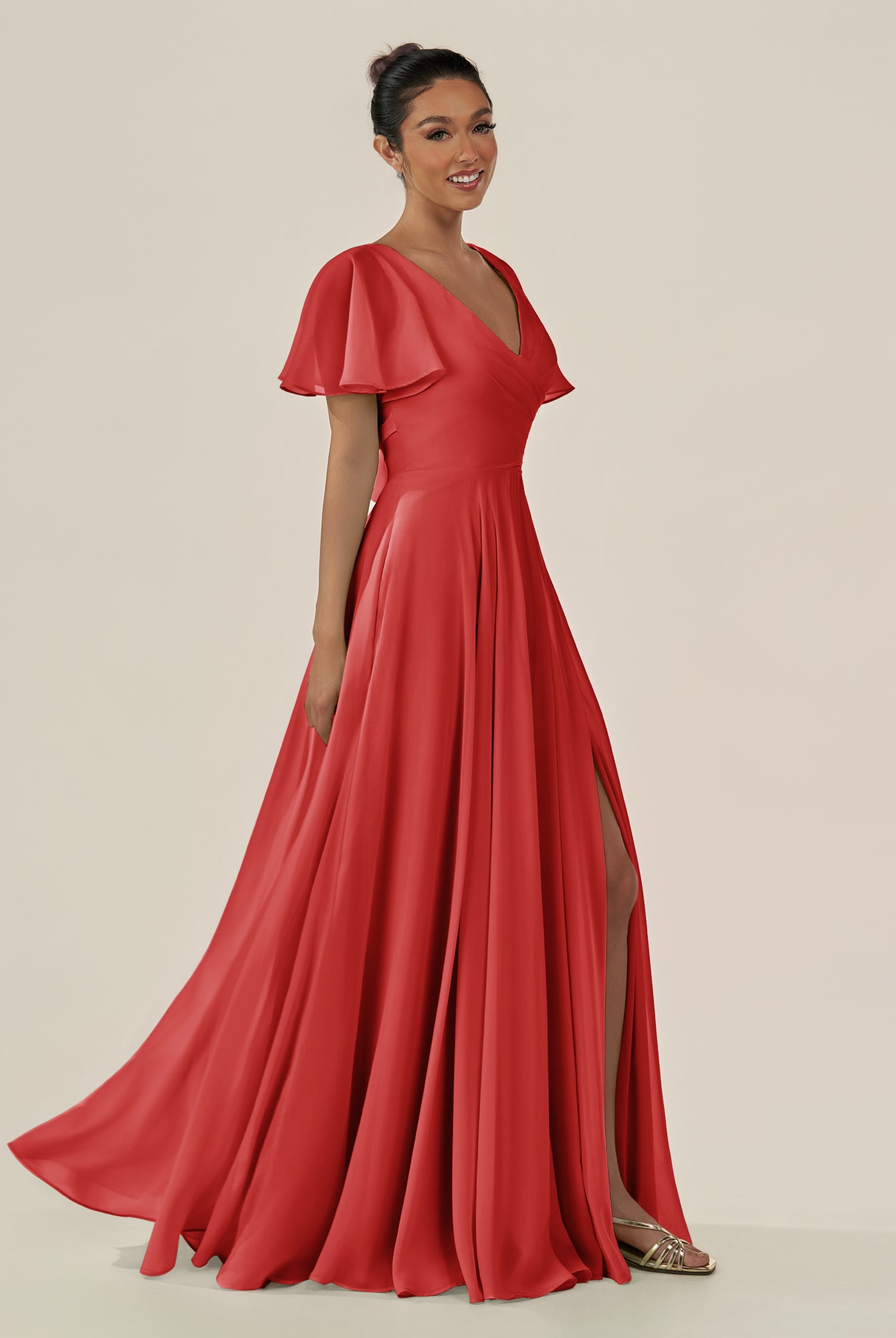 KissDress-Jania Ruby Red A Line Chiffon V Neck Long Bridesmaid Dress with Flutter Sleeves