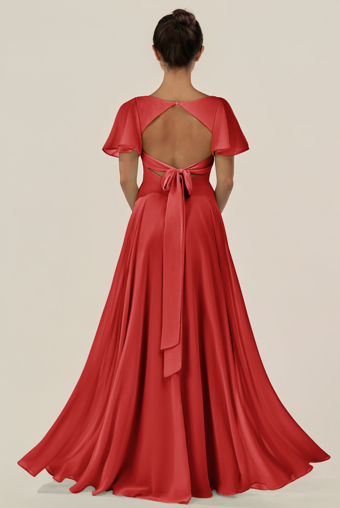 KissDress-Jania Ruby Red A Line Chiffon V Neck Long Bridesmaid Dress with Flutter Sleeves