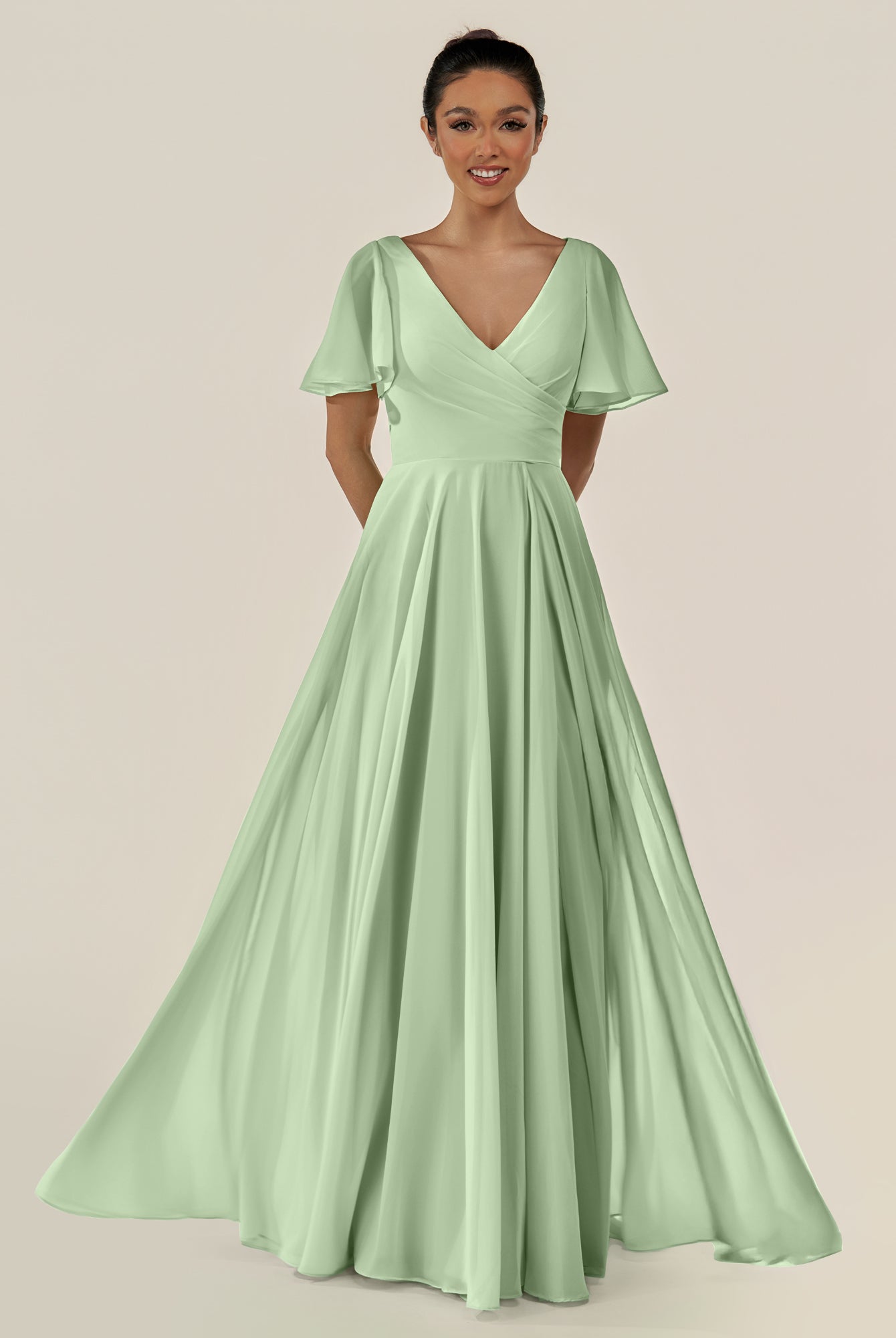 KissDress-Jania Sage A Line Chiffon V Neck Long Bridesmaid Dress with Flutter Sleeves