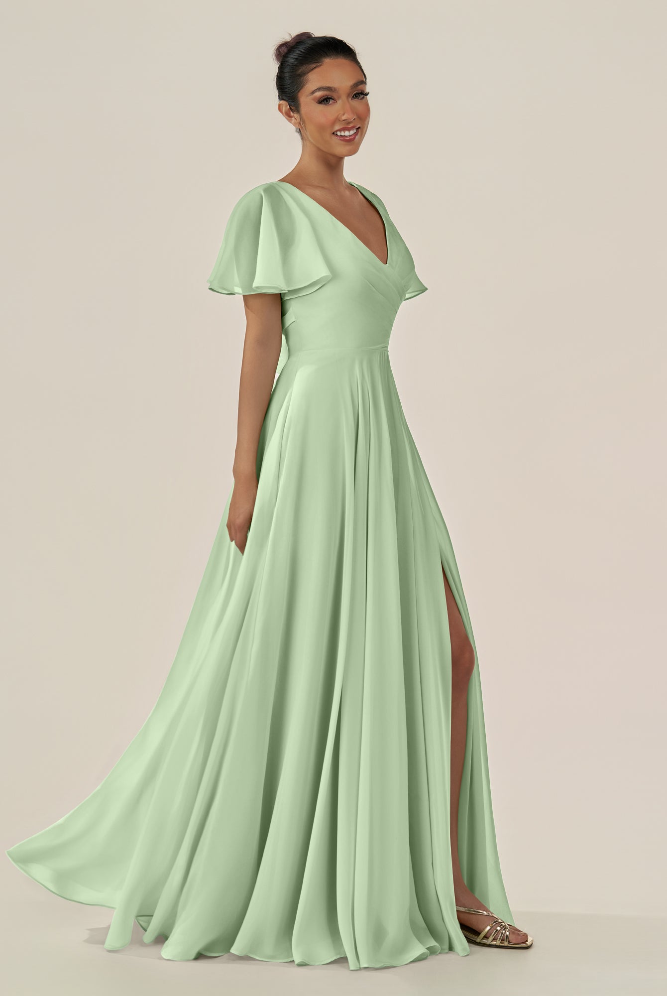 KissDress-Jania Sage A Line Chiffon V Neck Long Bridesmaid Dress with Flutter Sleeves