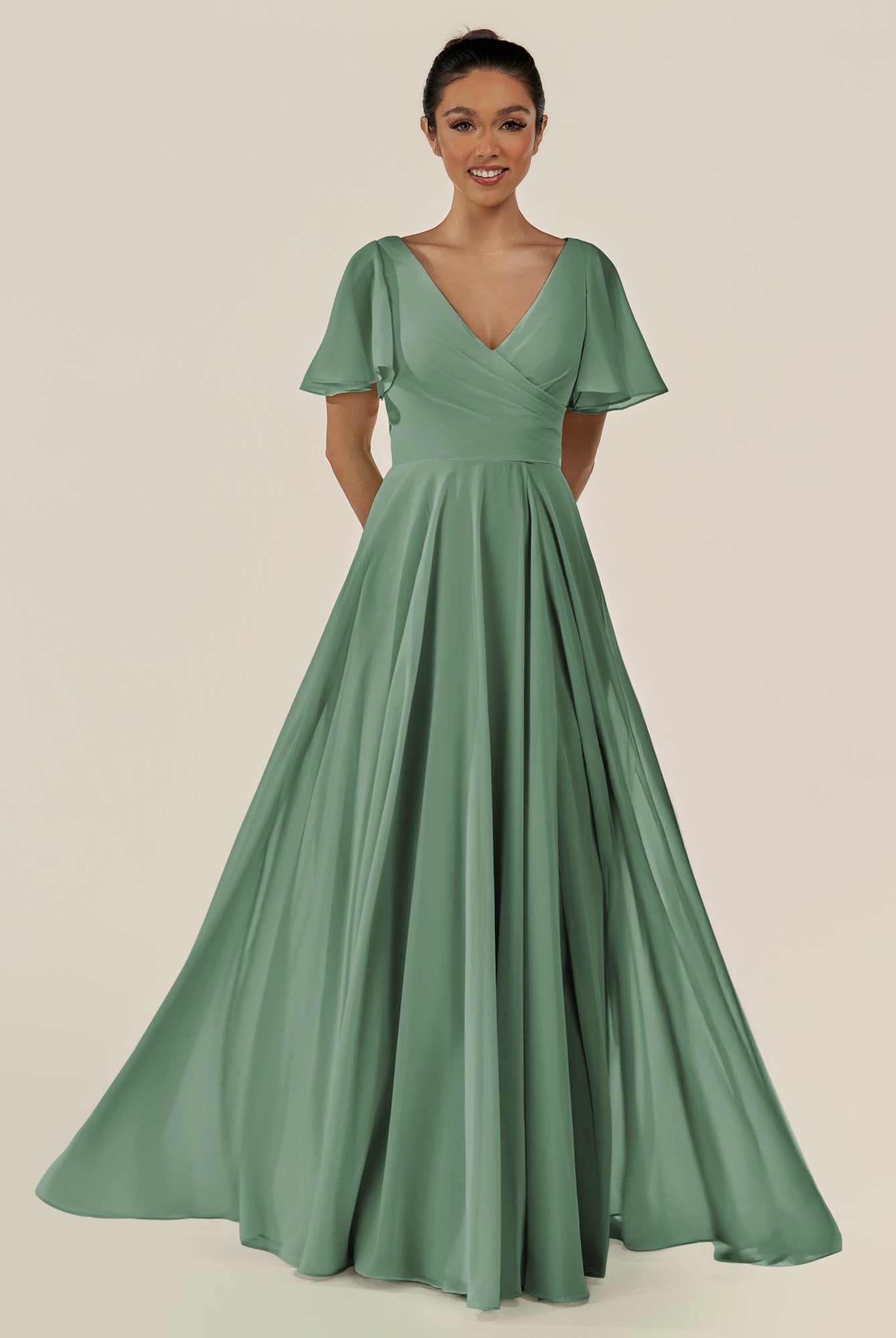 KissDress-Jania Sea Glass A Line Chiffon V Neck Long Bridesmaid Dress with Flutter Sleeves