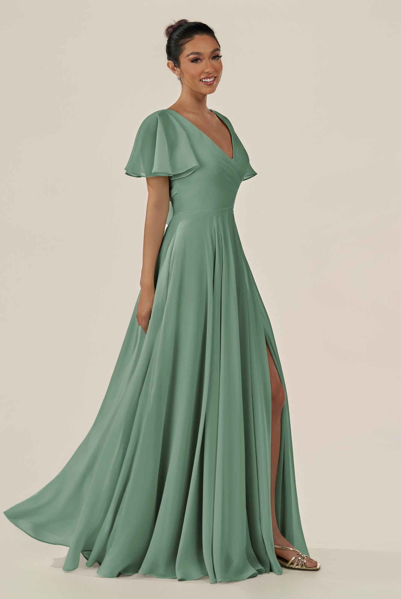 KissDress-Jania Sea Glass A Line Chiffon V Neck Long Bridesmaid Dress with Flutter Sleeves