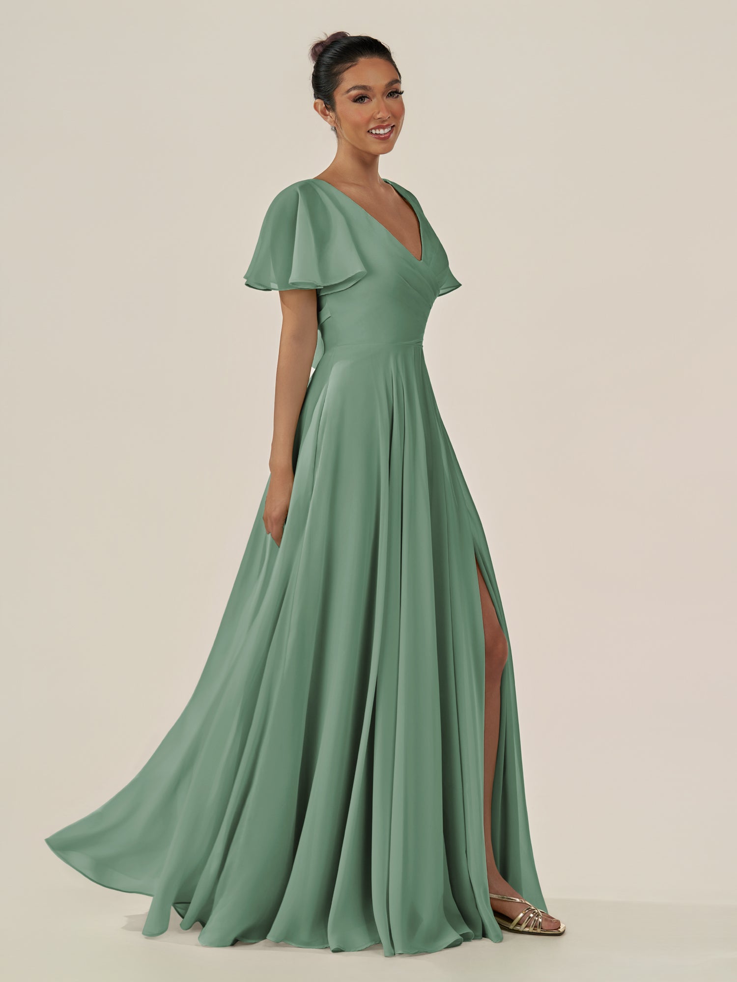 KissDress-Jania Sea Glass A Line Chiffon V Neck Long Bridesmaid Dress with Flutter Sleeves