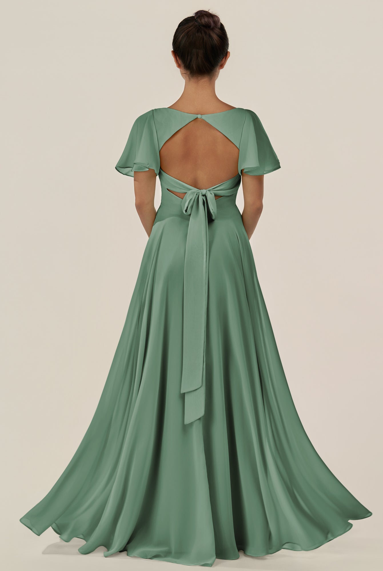 KissDress-Jania Sea Glass A Line Chiffon V Neck Long Bridesmaid Dress with Flutter Sleeves