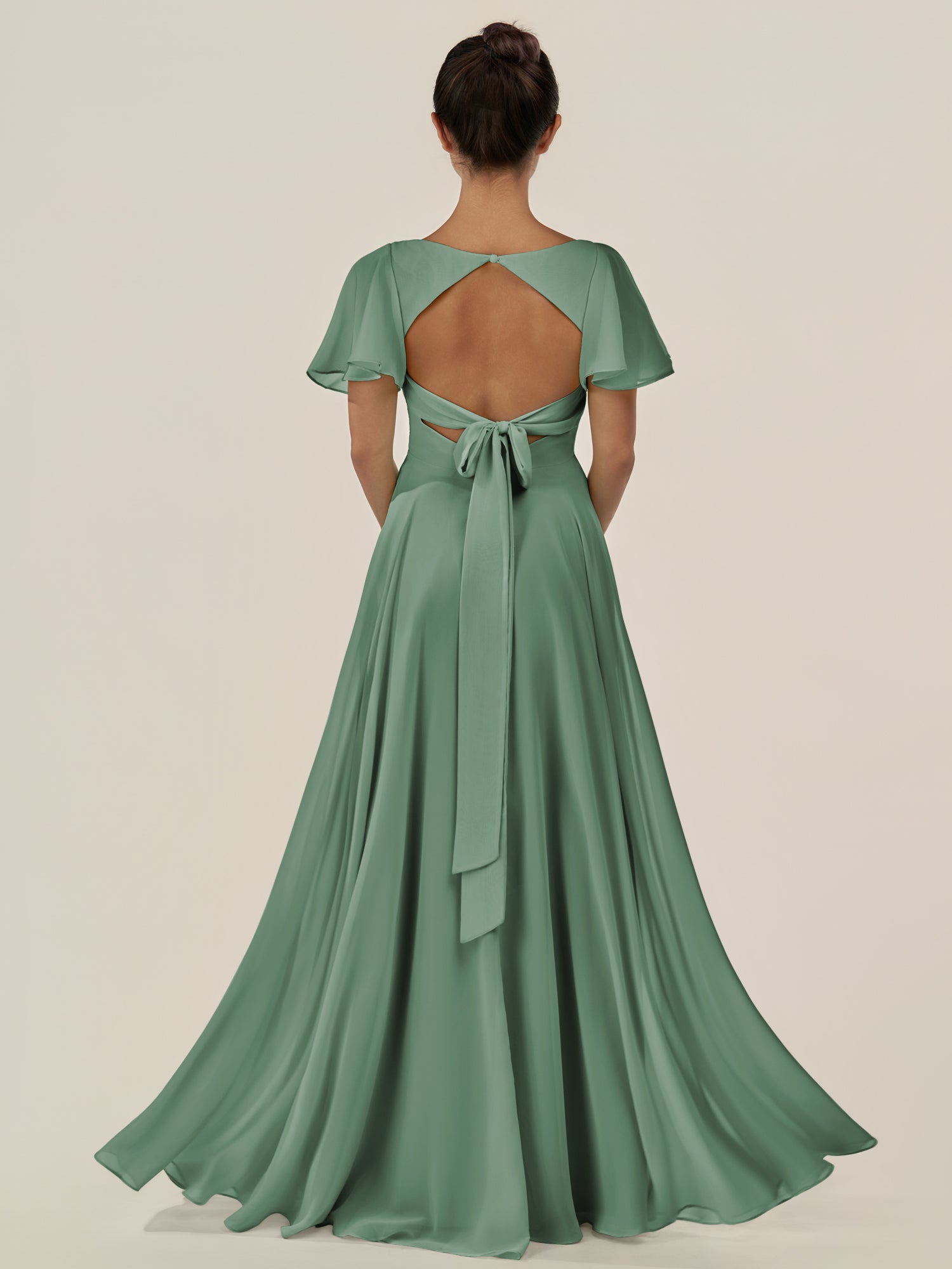 KissDress-Jania Sea Glass A Line Chiffon V Neck Long Bridesmaid Dress with Flutter Sleeves