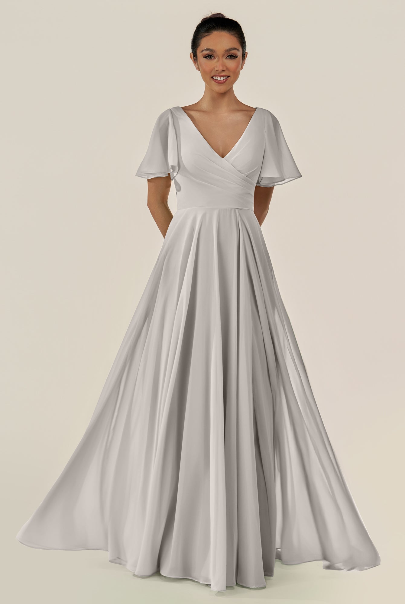 KissDress-Jania Silver A Line Chiffon V Neck Long Bridesmaid Dress with Flutter Sleeves