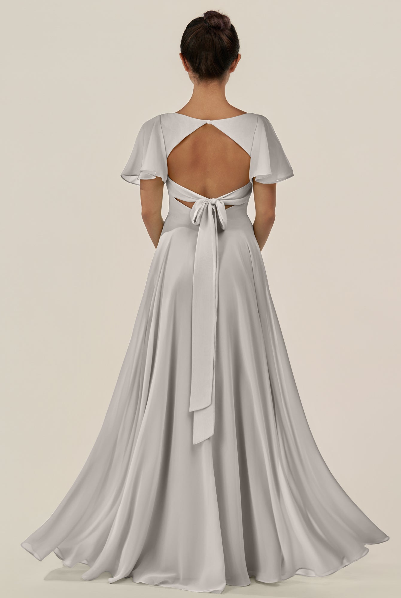 KissDress-Jania Silver A Line Chiffon V Neck Long Bridesmaid Dress with Flutter Sleeves