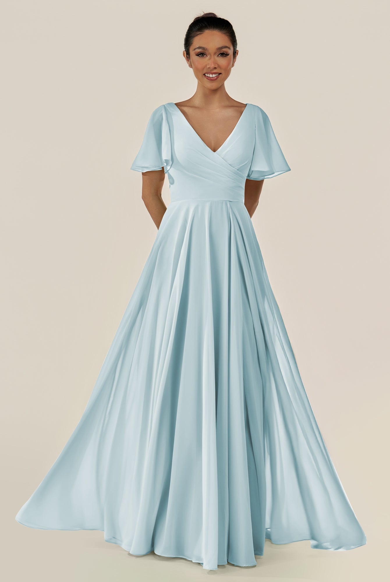 KissDress-Jania Sky Blue A Line Chiffon V Neck Long Bridesmaid Dress with Flutter Sleeves