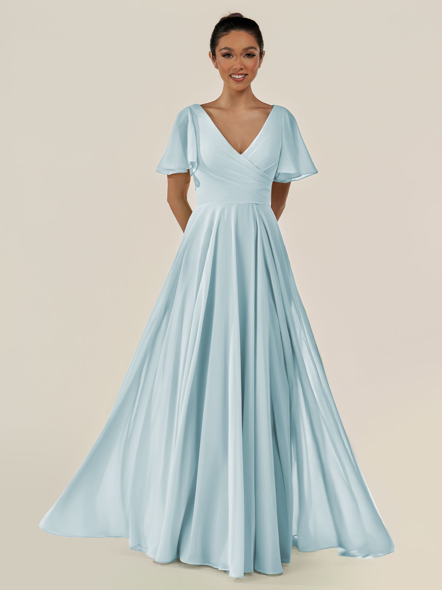 KissDress-Jania Sky Blue A Line Chiffon V Neck Long Bridesmaid Dress with Flutter Sleeves