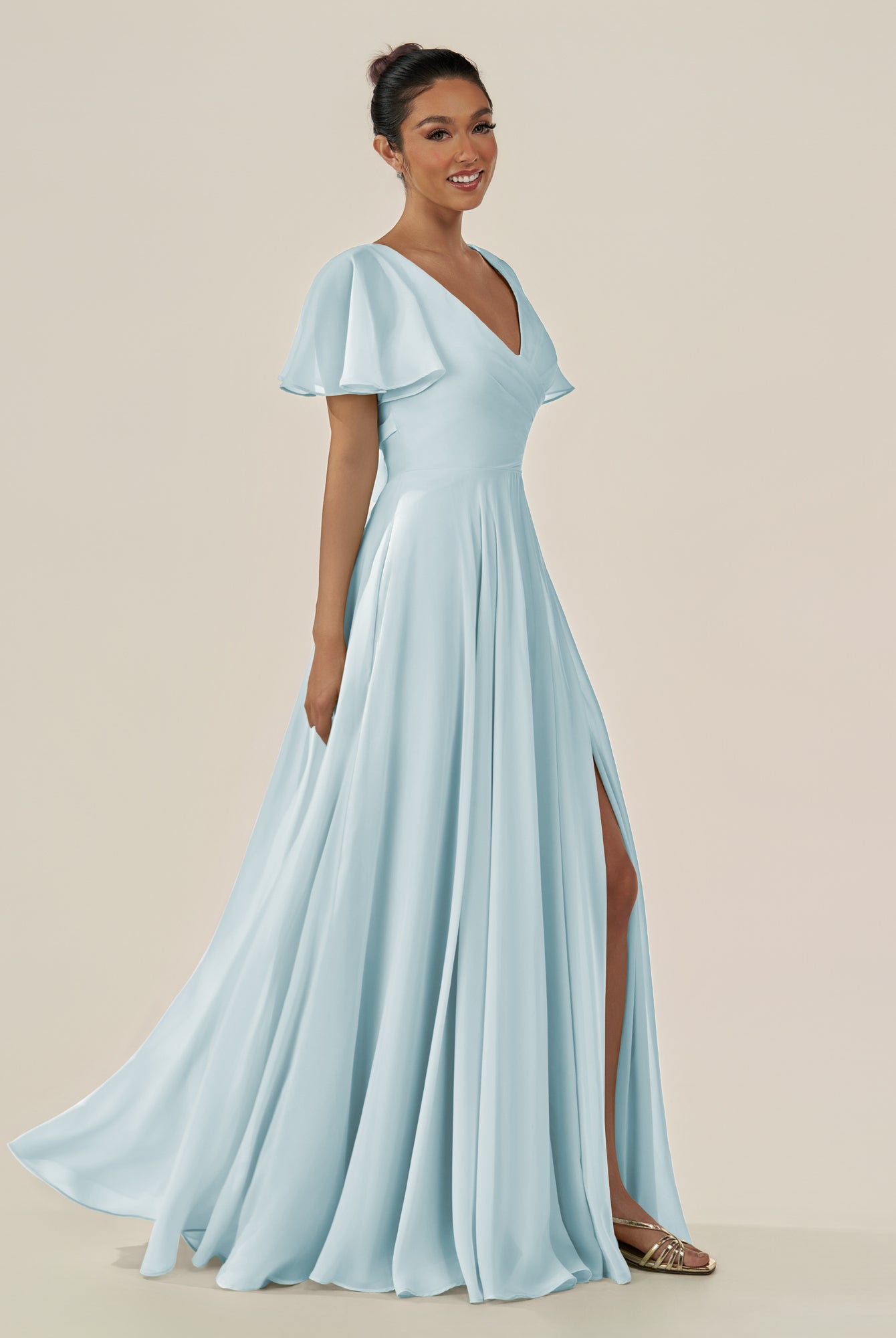 KissDress-Jania Sky Blue A Line Chiffon V Neck Long Bridesmaid Dress with Flutter Sleeves