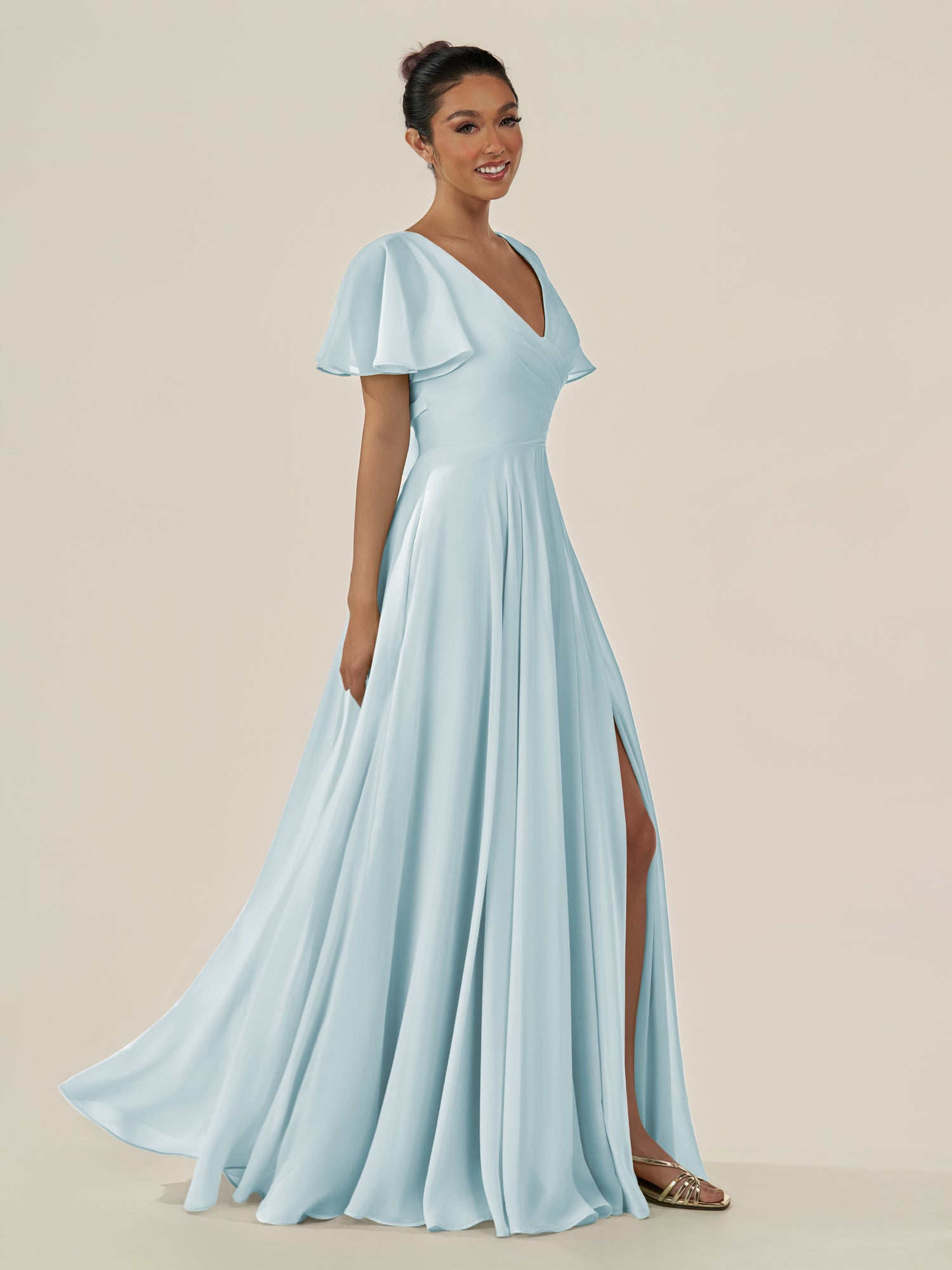 KissDress-Jania Sky Blue A Line Chiffon V Neck Long Bridesmaid Dress with Flutter Sleeves