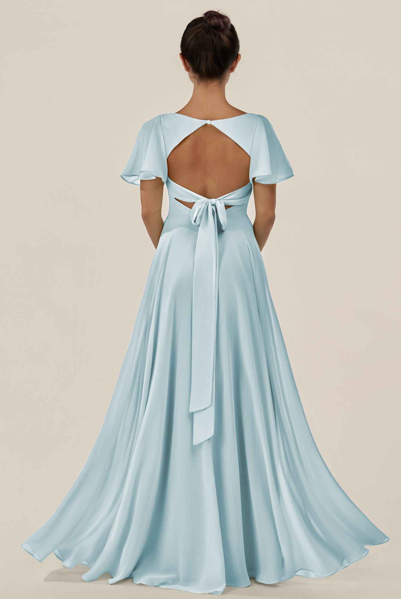 KissDress-Jania Sky Blue A Line Chiffon V Neck Long Bridesmaid Dress with Flutter Sleeves