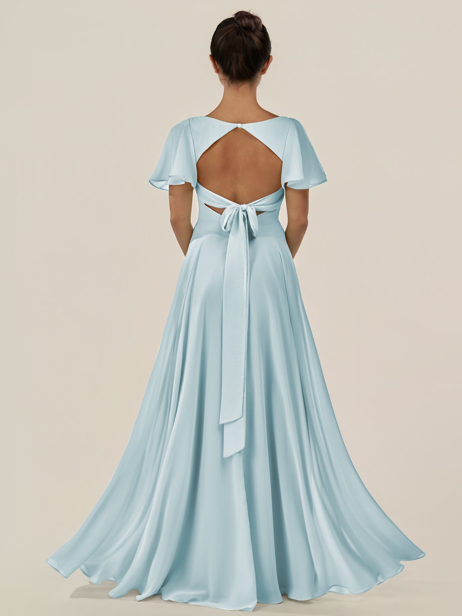 KissDress-Jania Sky Blue A Line Chiffon V Neck Long Bridesmaid Dress with Flutter Sleeves
