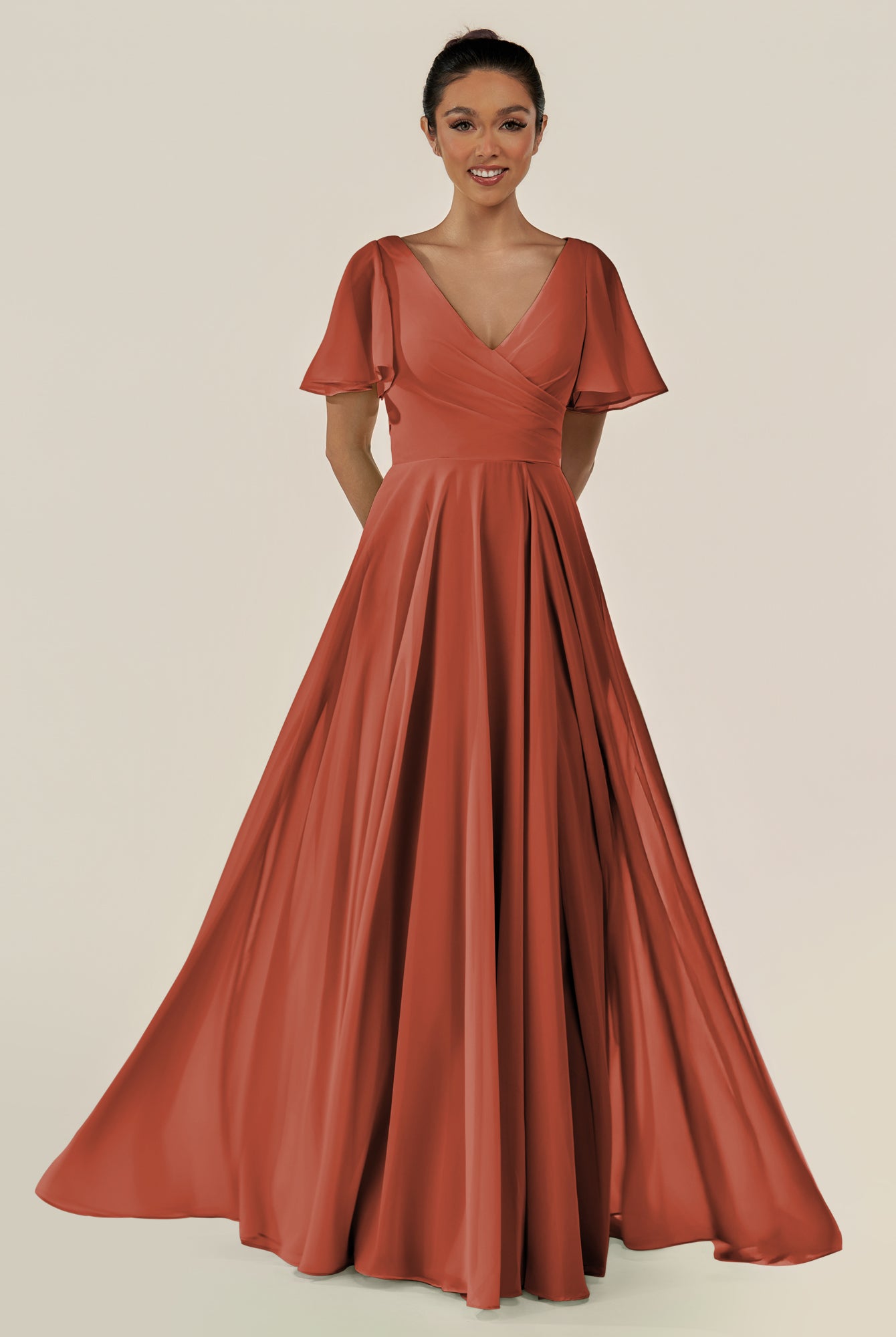 KissDress-Jania Spice A Line Chiffon V Neck Long Bridesmaid Dress with Flutter Sleeves