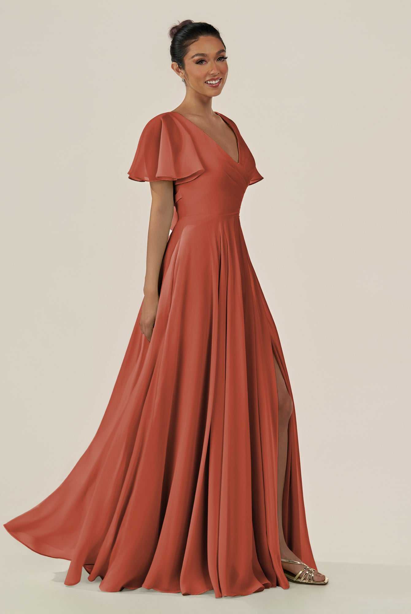 KissDress-Jania Spice A Line Chiffon V Neck Long Bridesmaid Dress with Flutter Sleeves