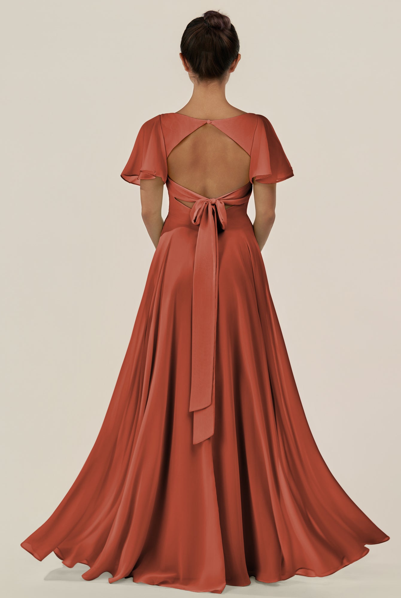KissDress-Jania Spice A Line Chiffon V Neck Long Bridesmaid Dress with Flutter Sleeves