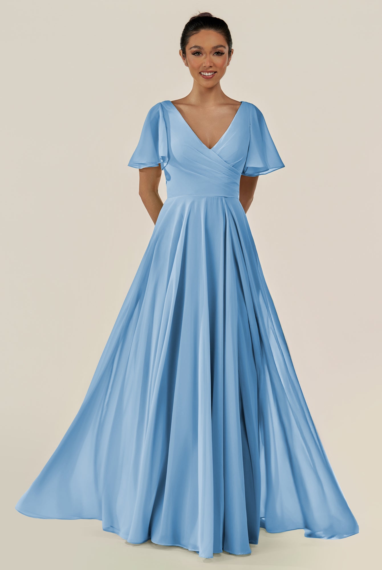 KissDress-Jania Steel Blue A Line Chiffon V Neck Long Bridesmaid Dress with Flutter Sleeves