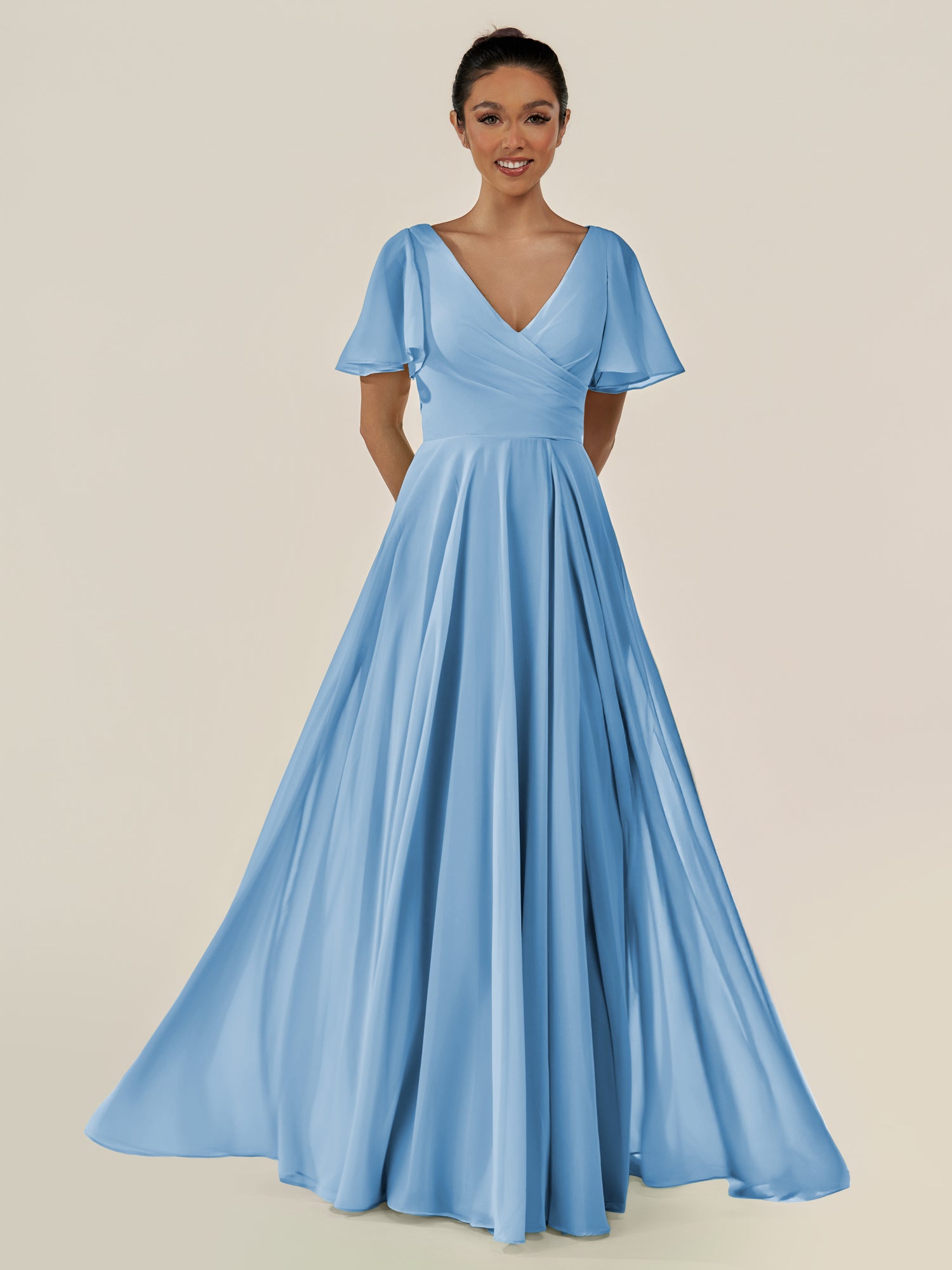 KissDress-Jania Steel Blue A Line Chiffon V Neck Long Bridesmaid Dress with Flutter Sleeves