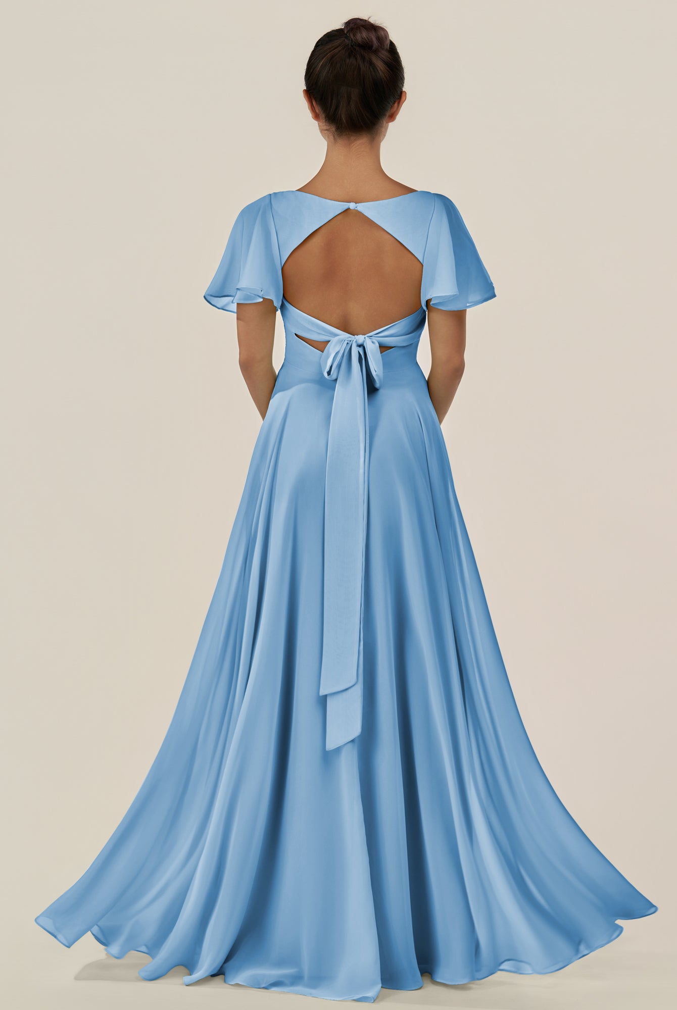 KissDress-Jania Steel Blue A Line Chiffon V Neck Long Bridesmaid Dress with Flutter Sleeves