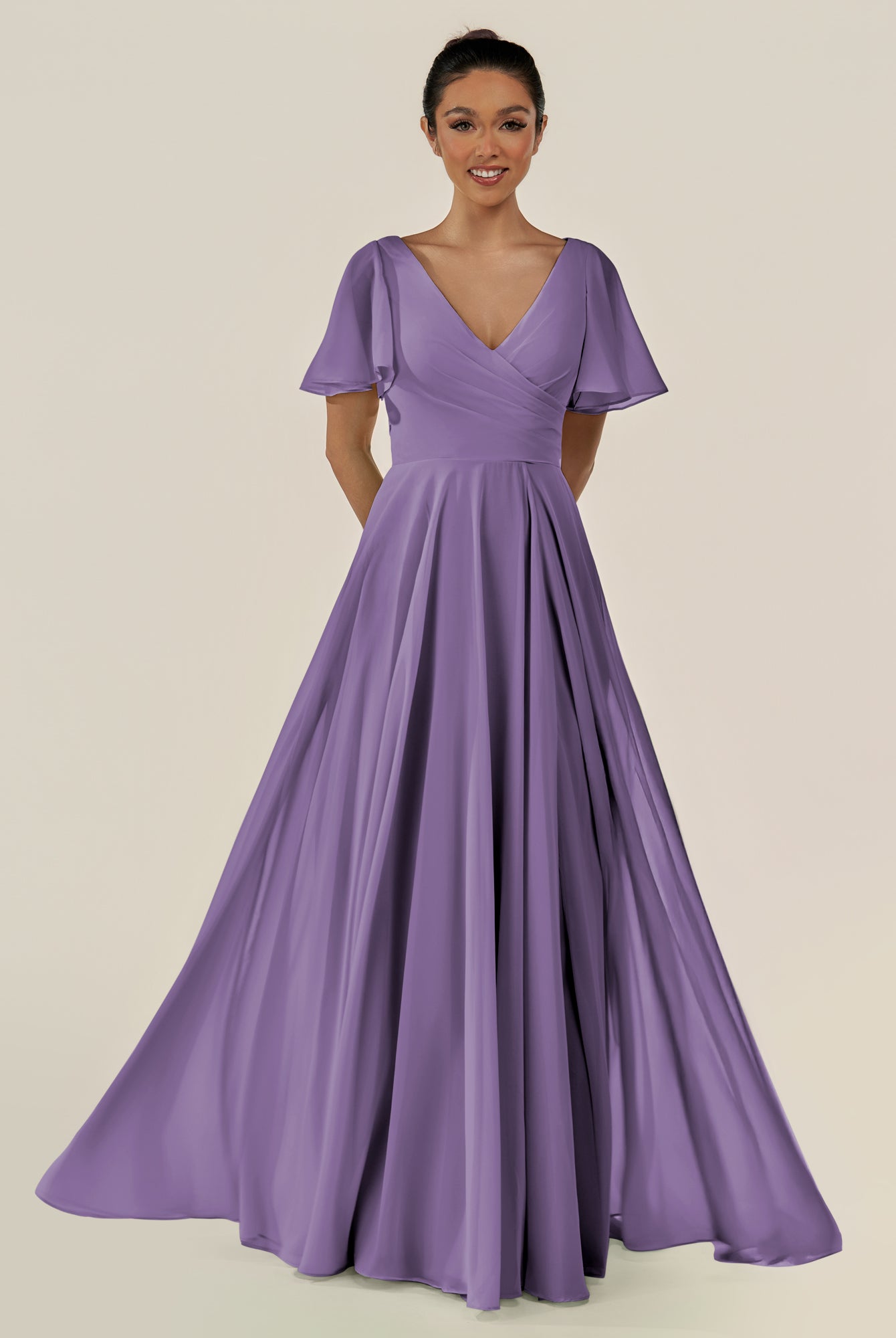 KissDress-Jania Tahiti A Line Chiffon V Neck Long Bridesmaid Dress with Flutter Sleeves
