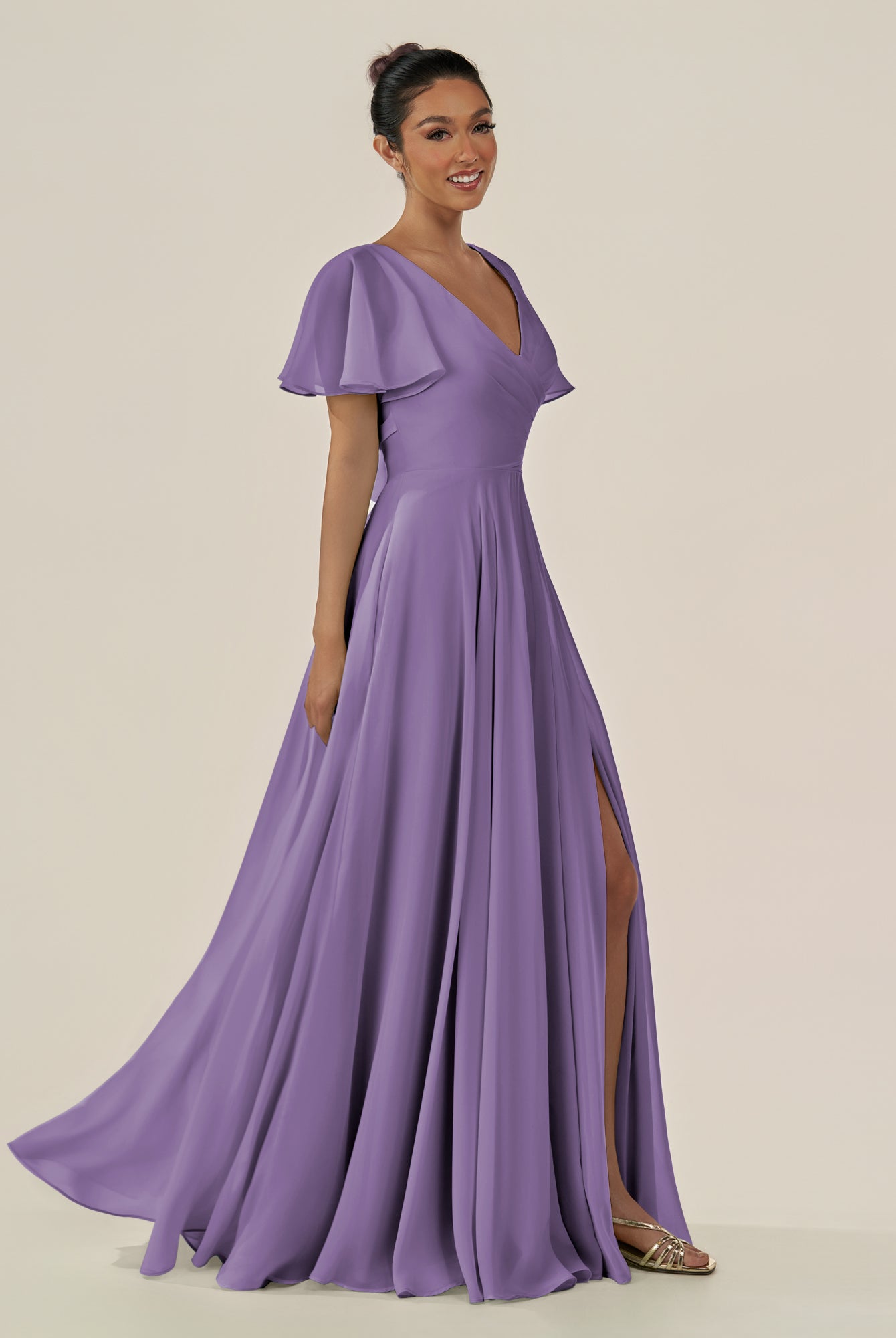 KissDress-Jania Tahiti A Line Chiffon V Neck Long Bridesmaid Dress with Flutter Sleeves