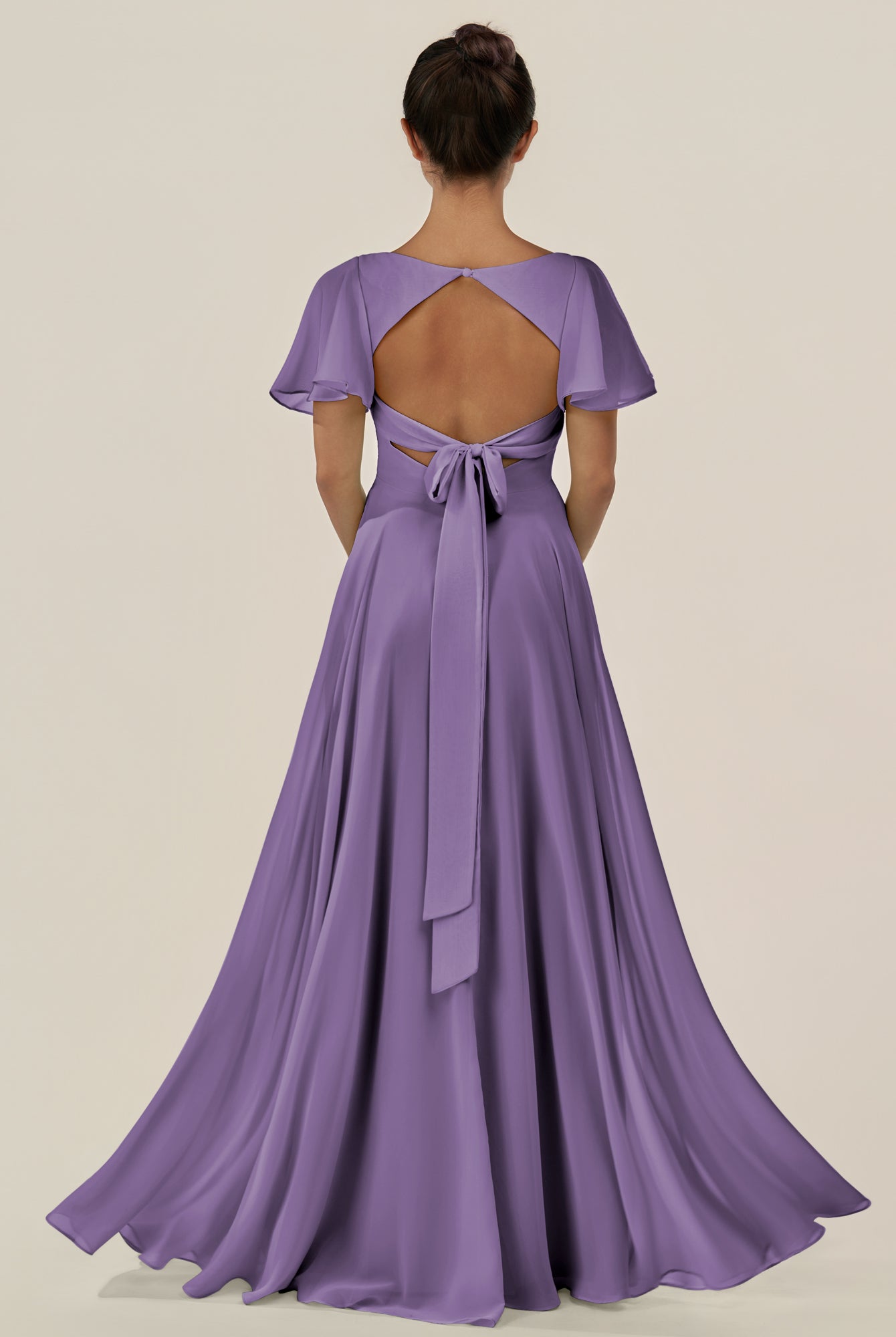 KissDress-Jania Tahiti A Line Chiffon V Neck Long Bridesmaid Dress with Flutter Sleeves