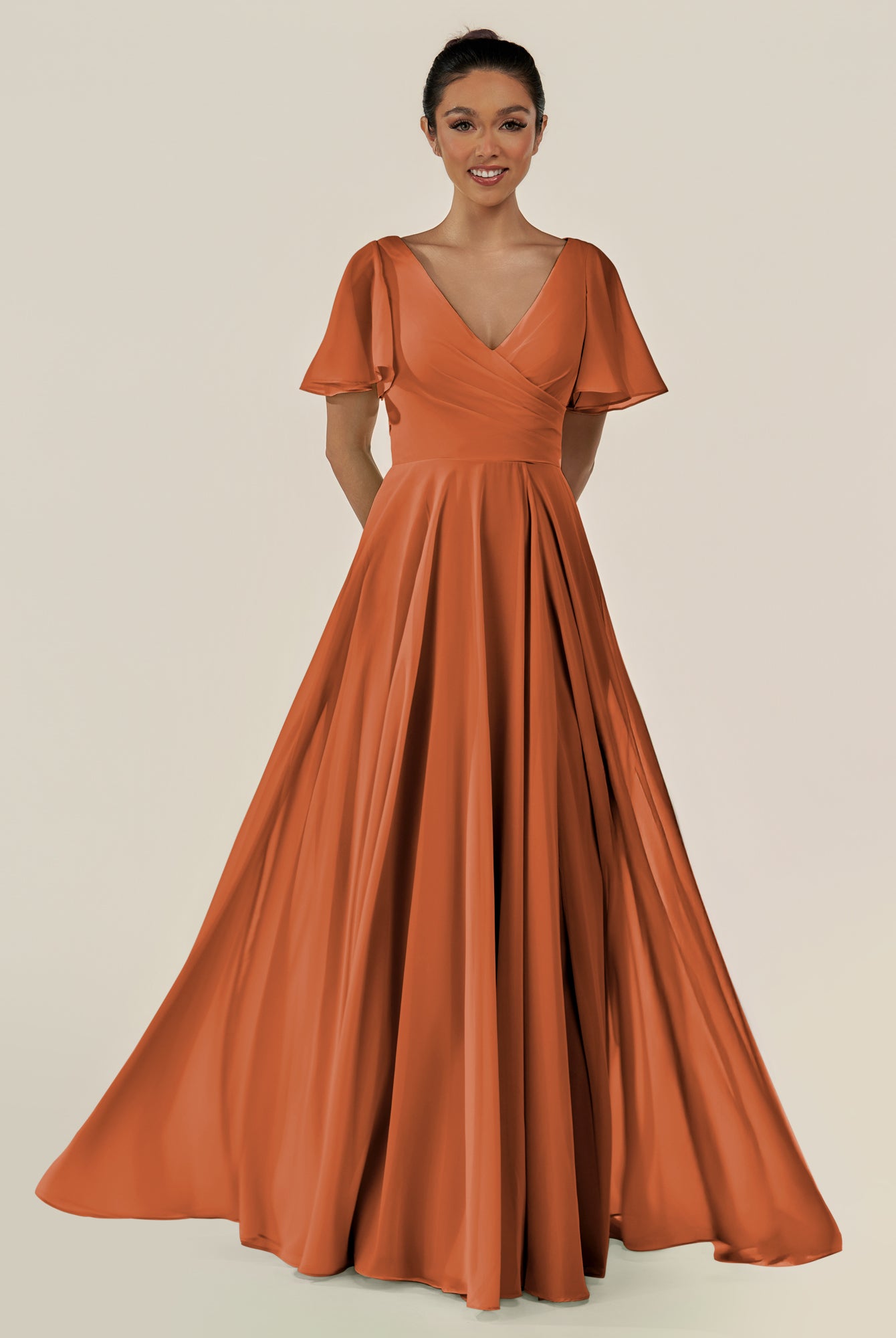 KissDress-Jania Terracotta A Line Chiffon V Neck Long Bridesmaid Dress with Flutter Sleeves