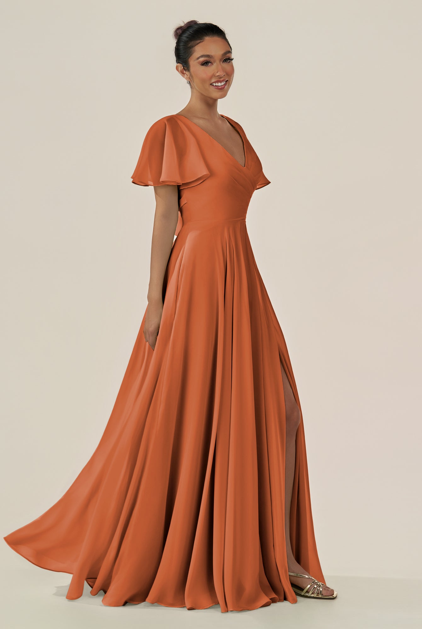 KissDress-Jania Terracotta A Line Chiffon V Neck Long Bridesmaid Dress with Flutter Sleeves