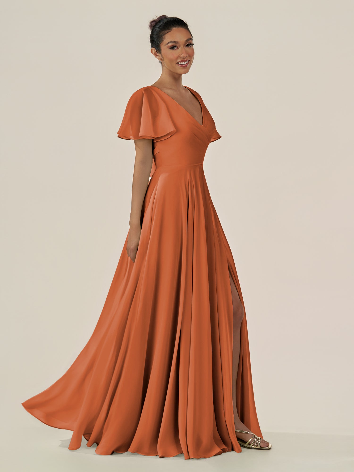 KissDress-Jania Terracotta A Line Chiffon V Neck Long Bridesmaid Dress with Flutter Sleeves