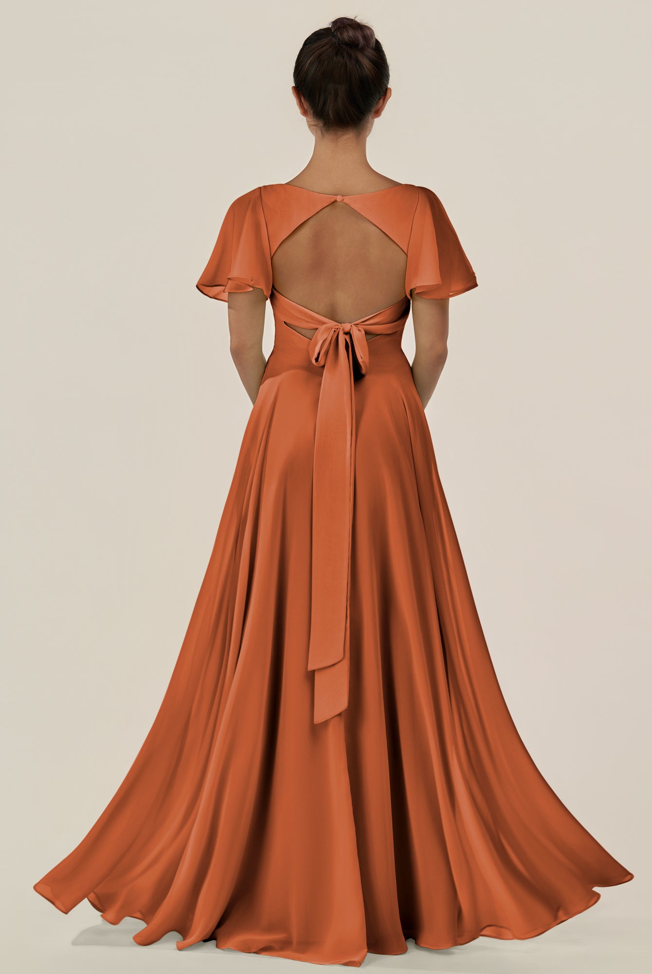 KissDress-Jania Terracotta A Line Chiffon V Neck Long Bridesmaid Dress with Flutter Sleeves