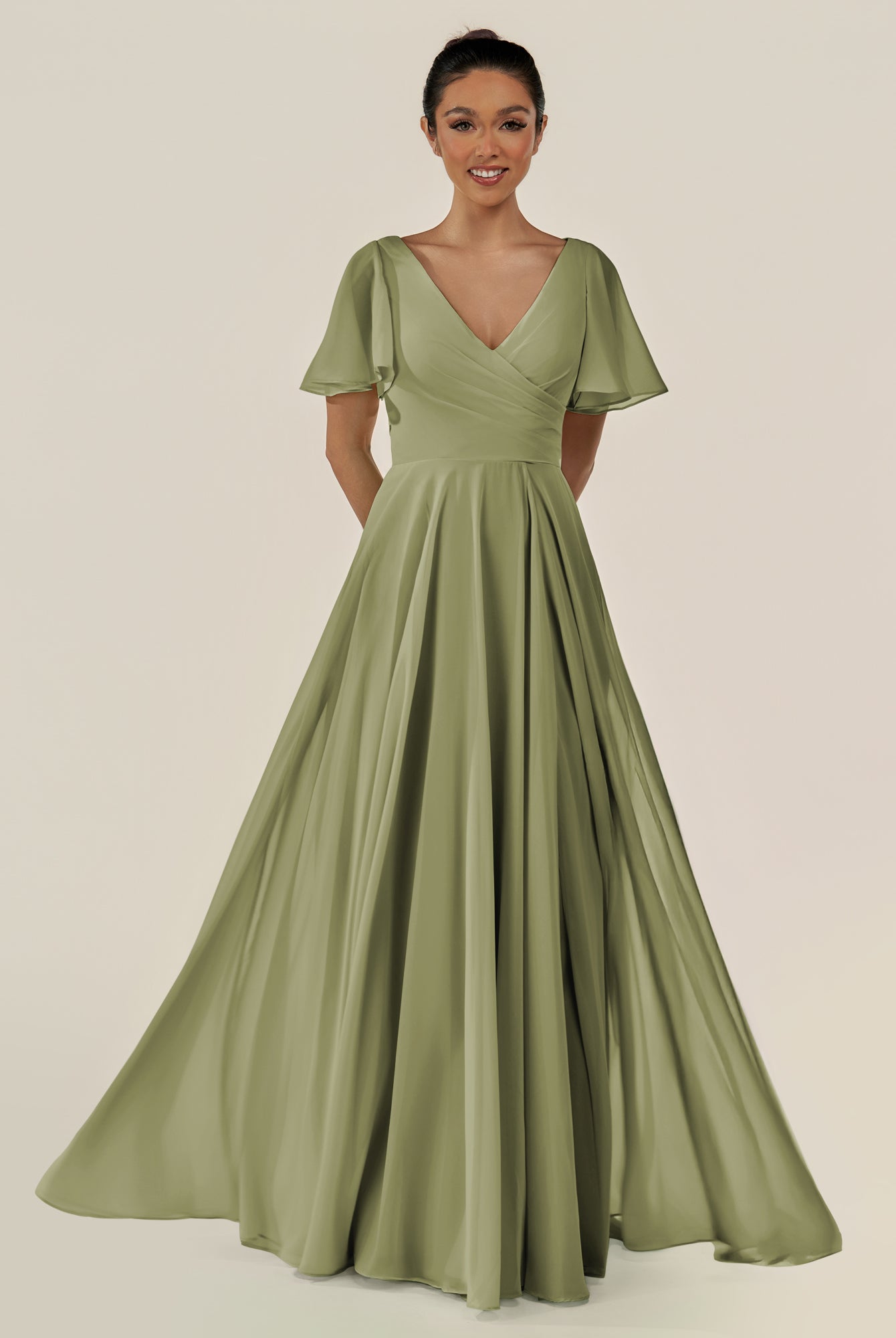 KissDress-Jania Thyme A Line Chiffon V Neck Long Bridesmaid Dress with Flutter Sleeves