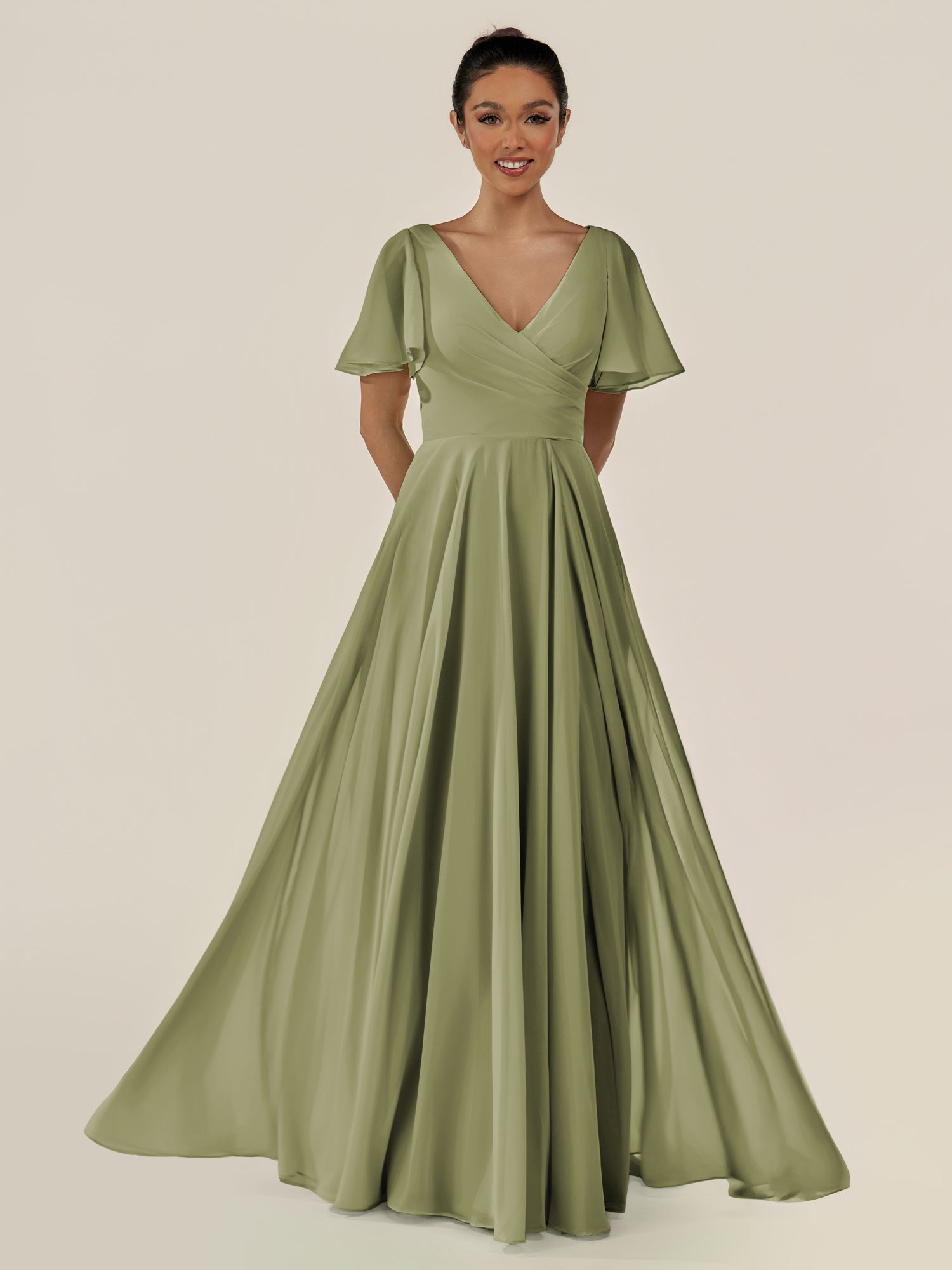 KissDress-Jania Thyme A Line Chiffon V Neck Long Bridesmaid Dress with Flutter Sleeves