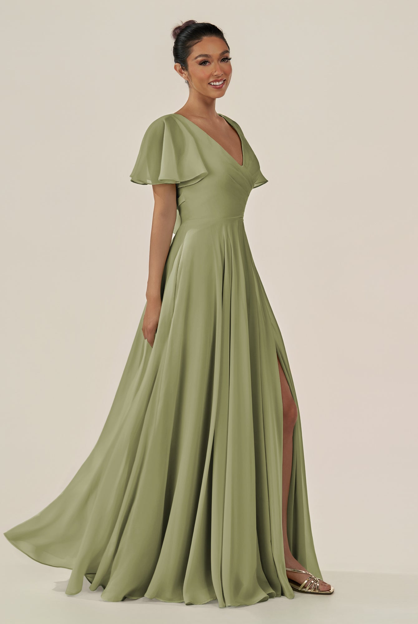 KissDress-Jania Thyme A Line Chiffon V Neck Long Bridesmaid Dress with Flutter Sleeves