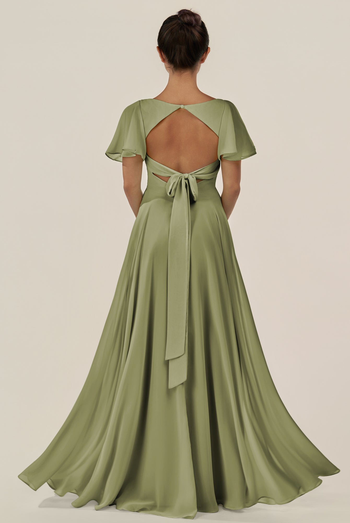 KissDress-Jania Thyme A Line Chiffon V Neck Long Bridesmaid Dress with Flutter Sleeves
