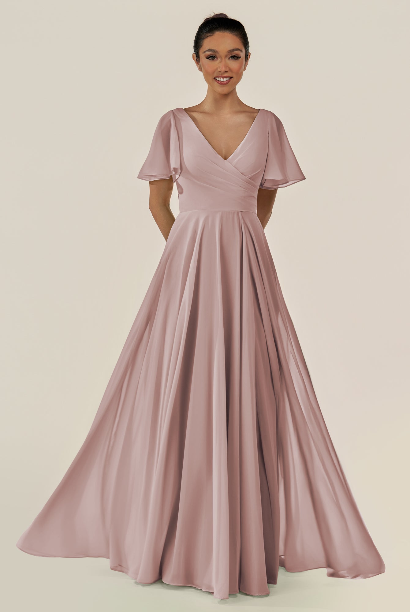 KissDress-Jania Toffee A Line Chiffon V Neck Long Bridesmaid Dress with Flutter Sleeves