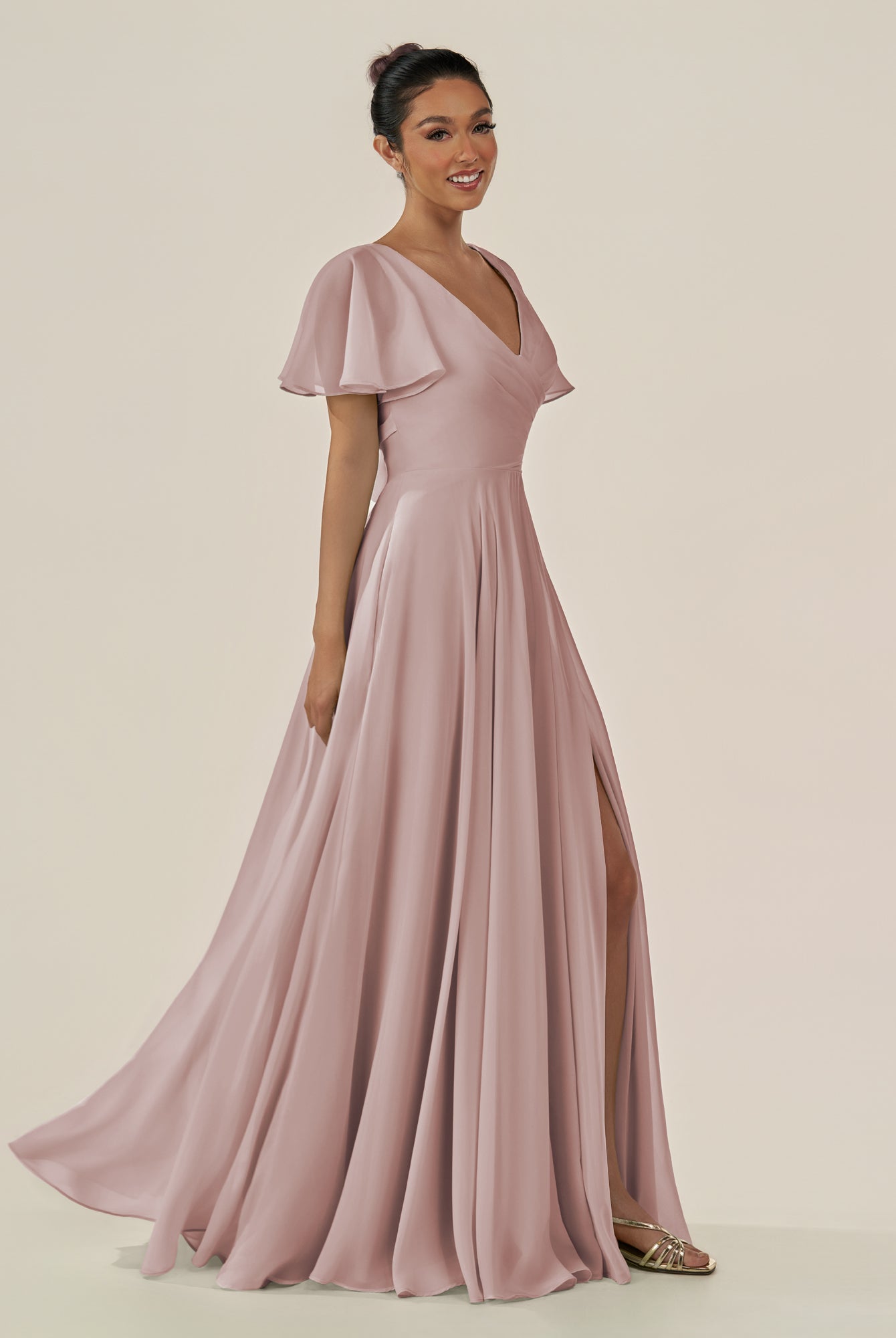 KissDress-Jania Toffee A Line Chiffon V Neck Long Bridesmaid Dress with Flutter Sleeves