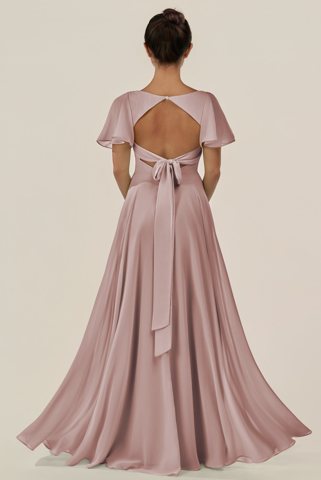 KissDress-Jania Toffee A Line Chiffon V Neck Long Bridesmaid Dress with Flutter Sleeves