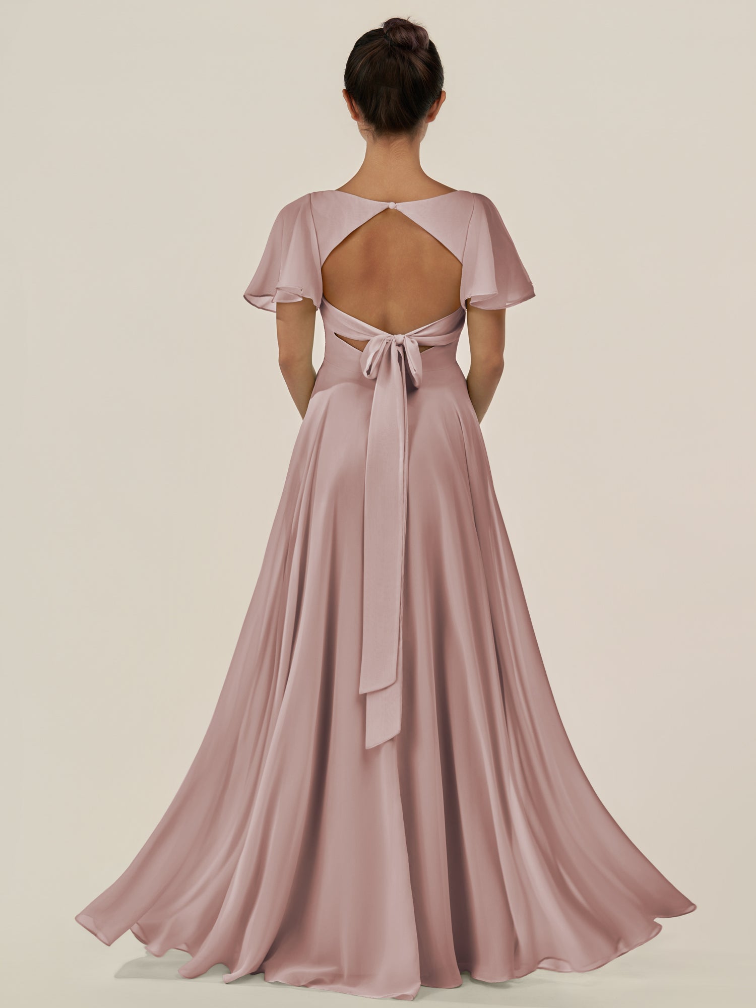KissDress-Jania Toffee A Line Chiffon V Neck Long Bridesmaid Dress with Flutter Sleeves