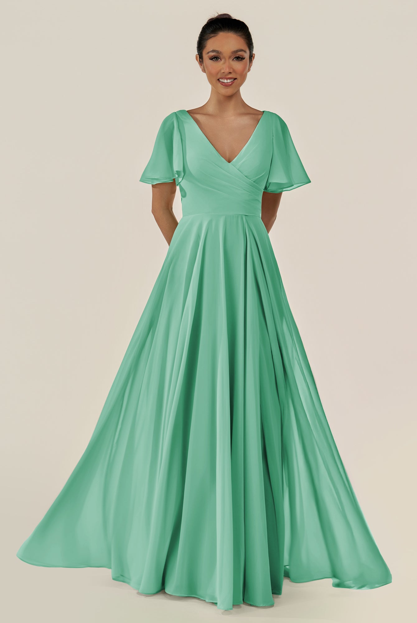 KissDress-Jania Turquoise A Line Chiffon V Neck Long Bridesmaid Dress with Flutter Sleeves