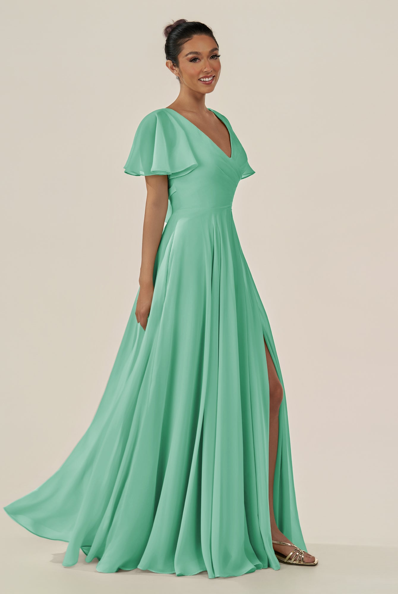KissDress-Jania Turquoise A Line Chiffon V Neck Long Bridesmaid Dress with Flutter Sleeves