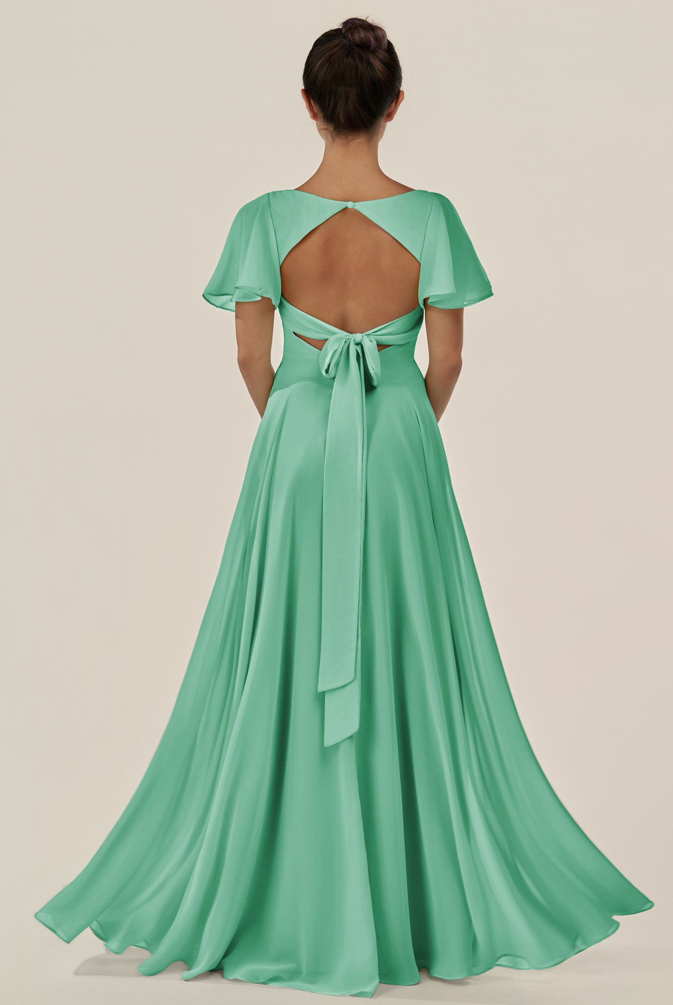 KissDress-Jania Turquoise A Line Chiffon V Neck Long Bridesmaid Dress with Flutter Sleeves