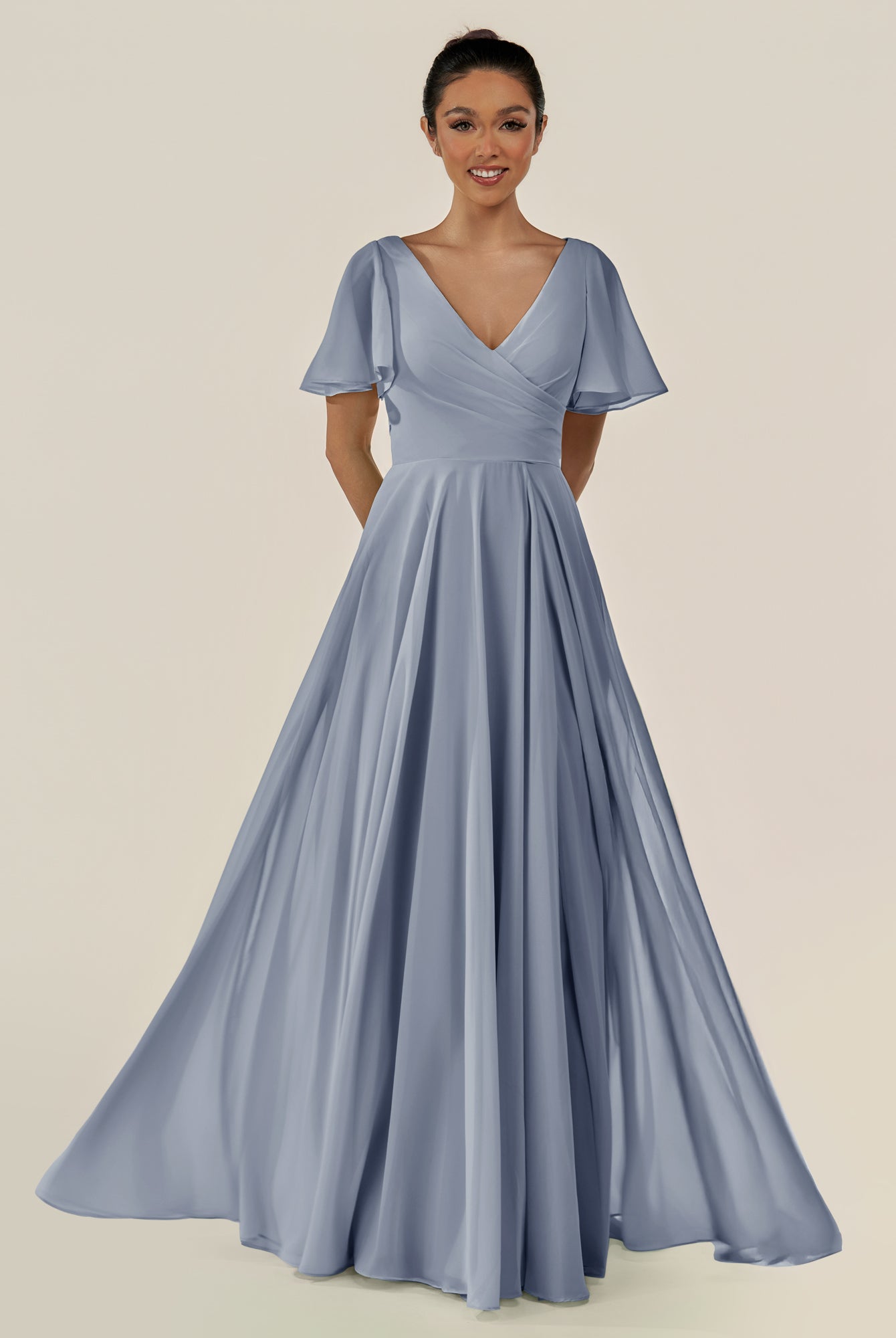 KissDress-Jania Twilight A Line Chiffon V Neck Long Bridesmaid Dress with Flutter Sleeves