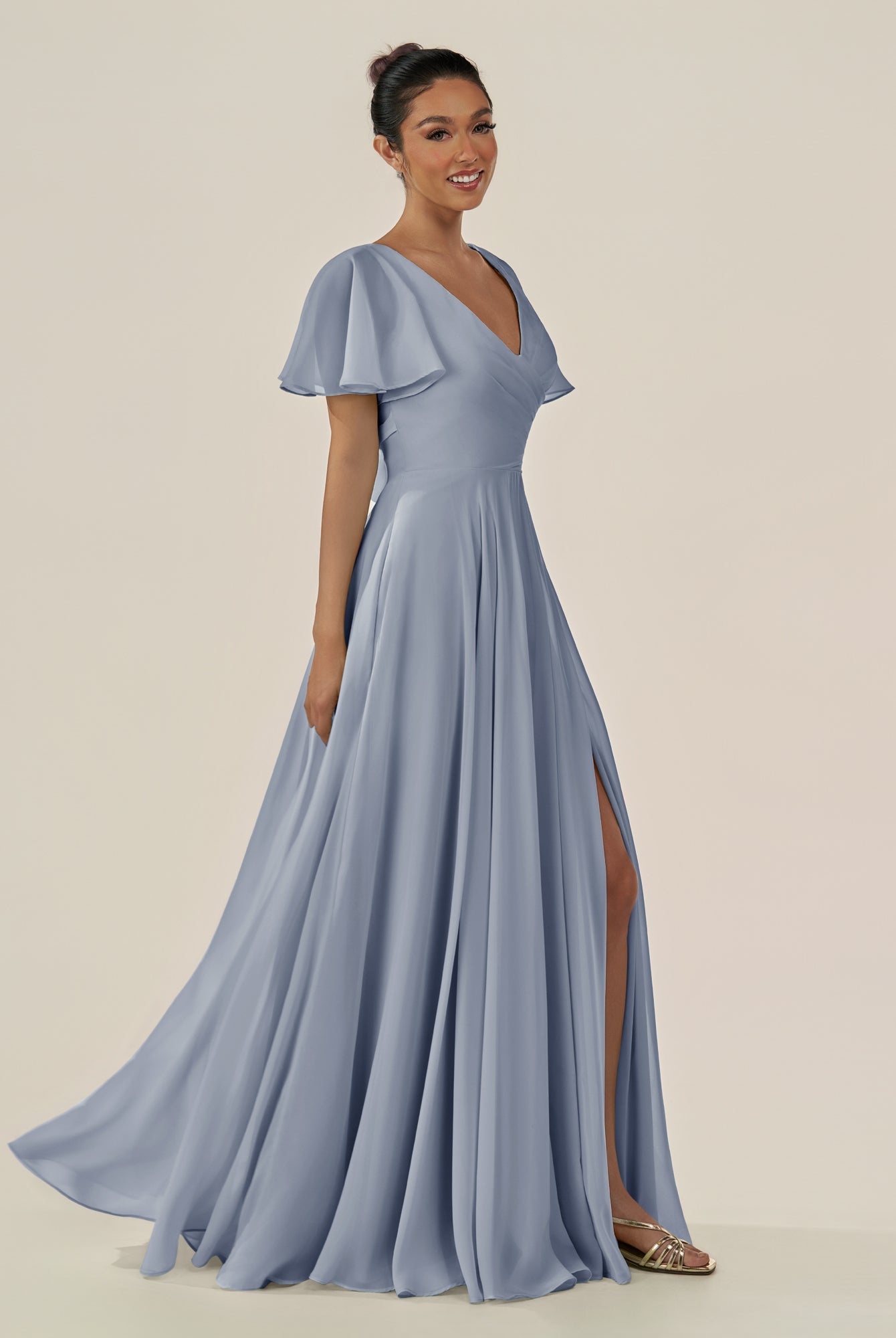 KissDress-Jania Twilight A Line Chiffon V Neck Long Bridesmaid Dress with Flutter Sleeves
