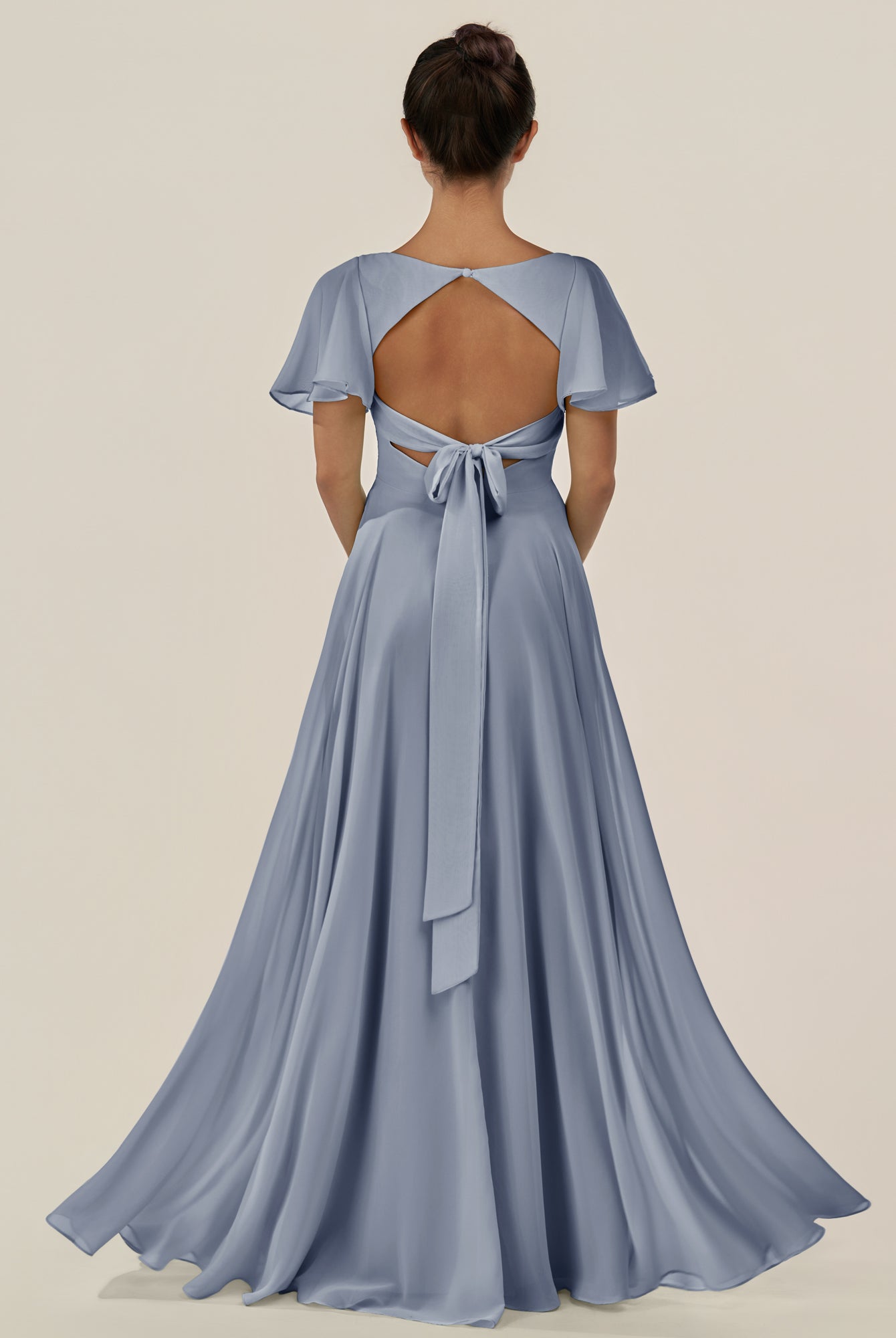 KissDress-Jania Twilight A Line Chiffon V Neck Long Bridesmaid Dress with Flutter Sleeves